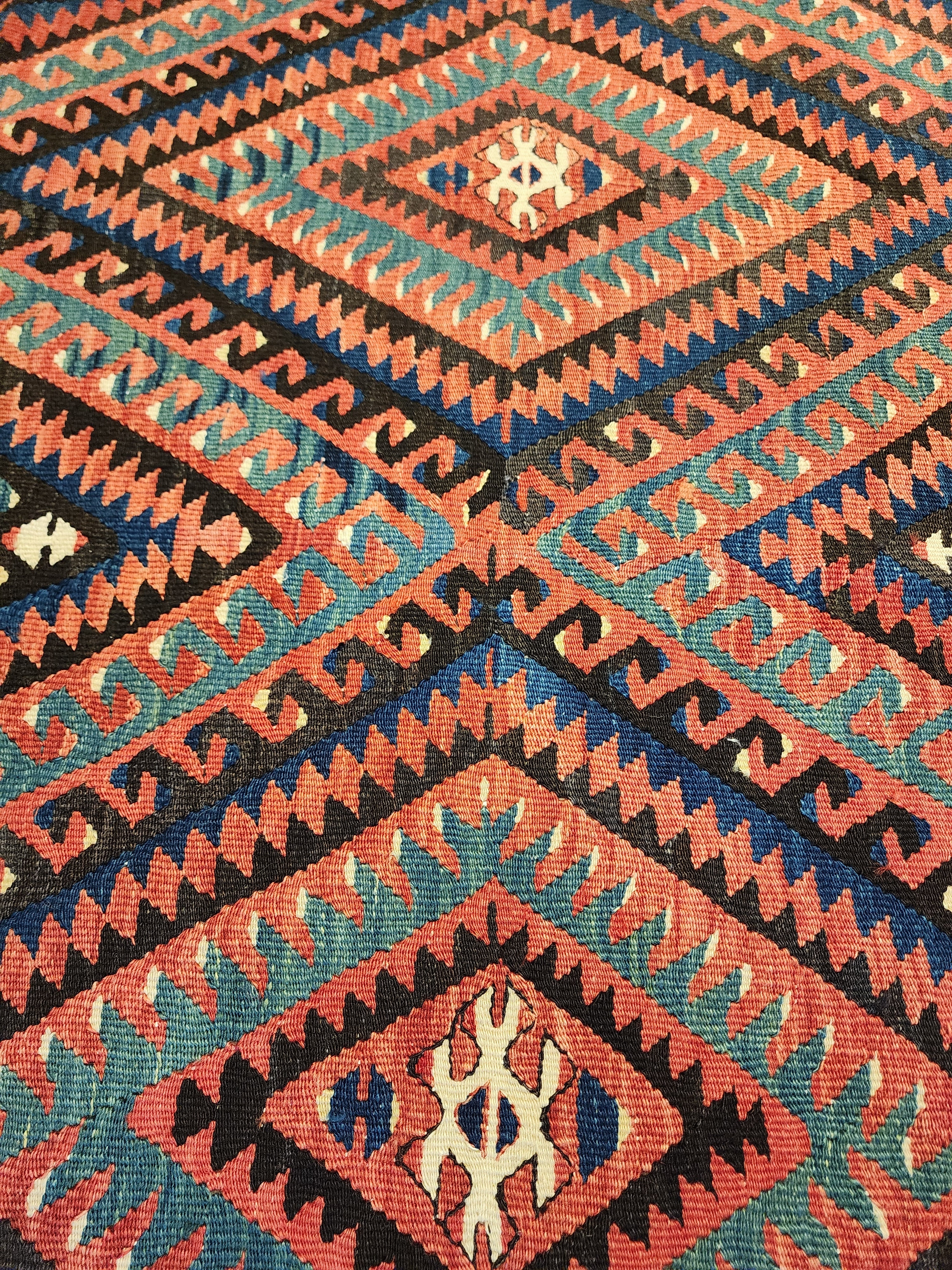Vintage Fethiye Kilim Rug, Handwoven Turkish Wool Tribal Rug, Red Blue Geometric (5'10'' x 9'3'')