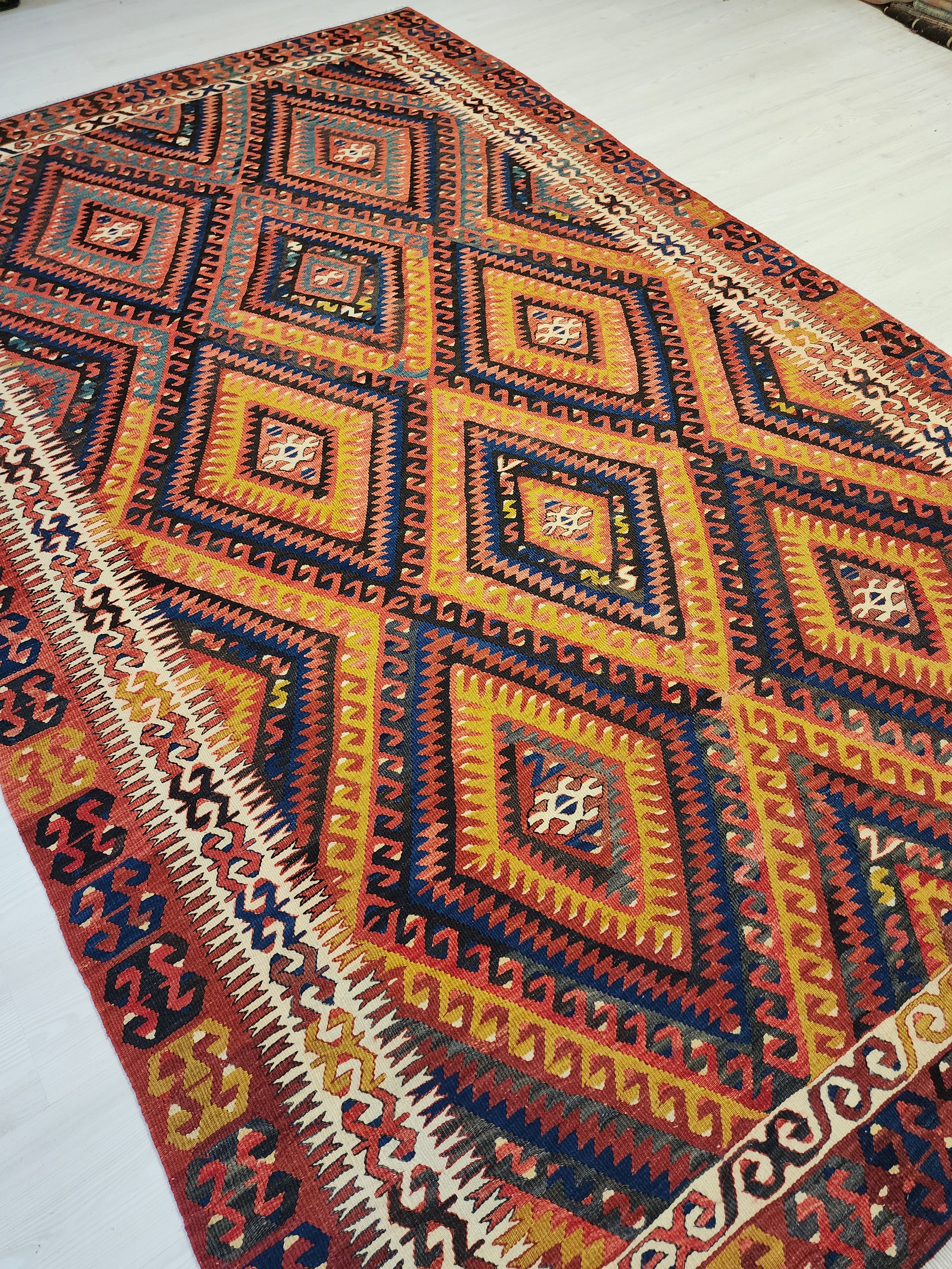 Vintage Fethiye Kilim Rug, Handwoven Turkish Wool Tribal Rug, Red Blue Geometric (5'10'' x 9'3'')