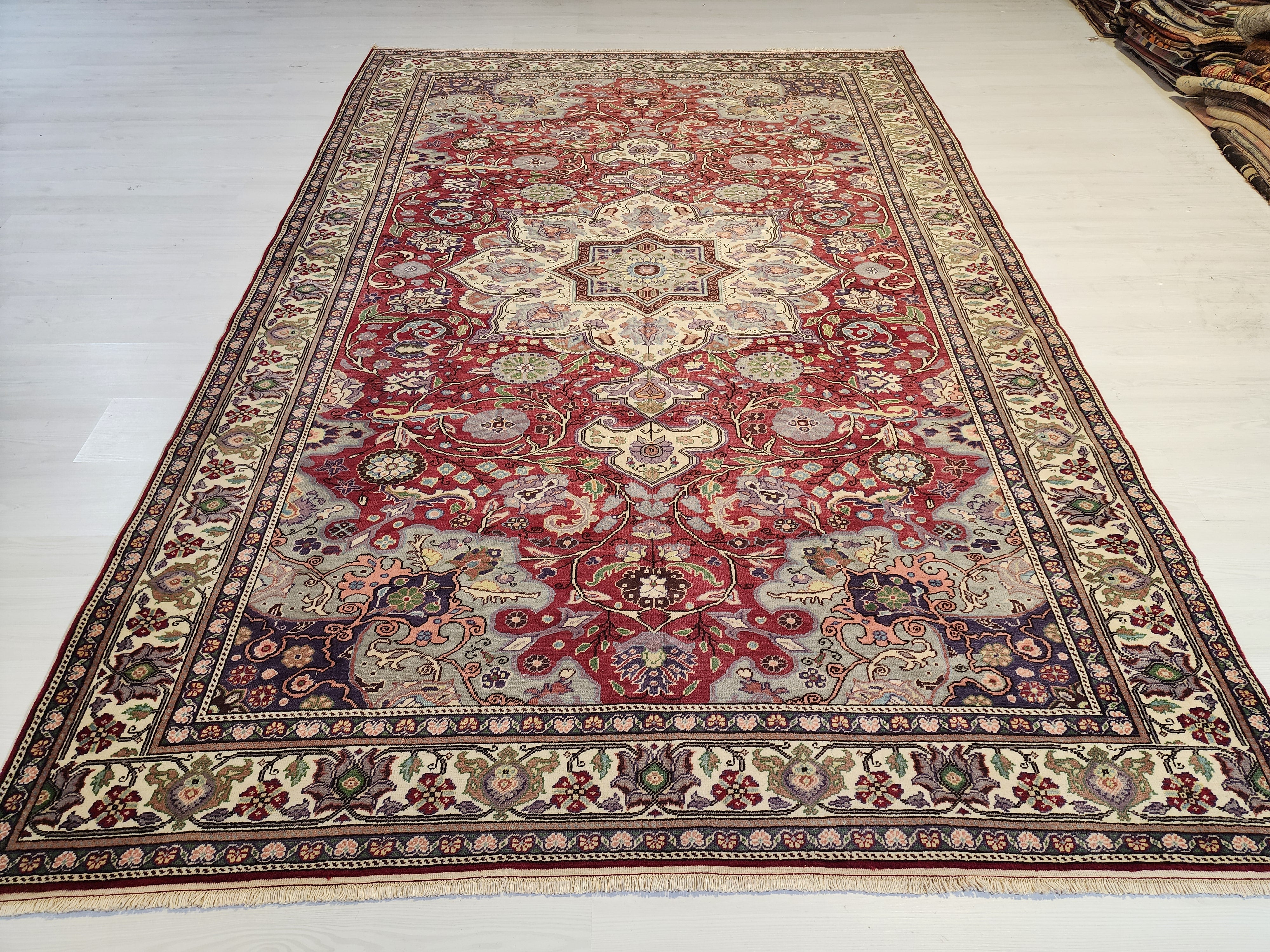 Vintage Turkish Handwoven Wool Rug, Red Cream Medallion Floral Carpet (6'6"x9'8")