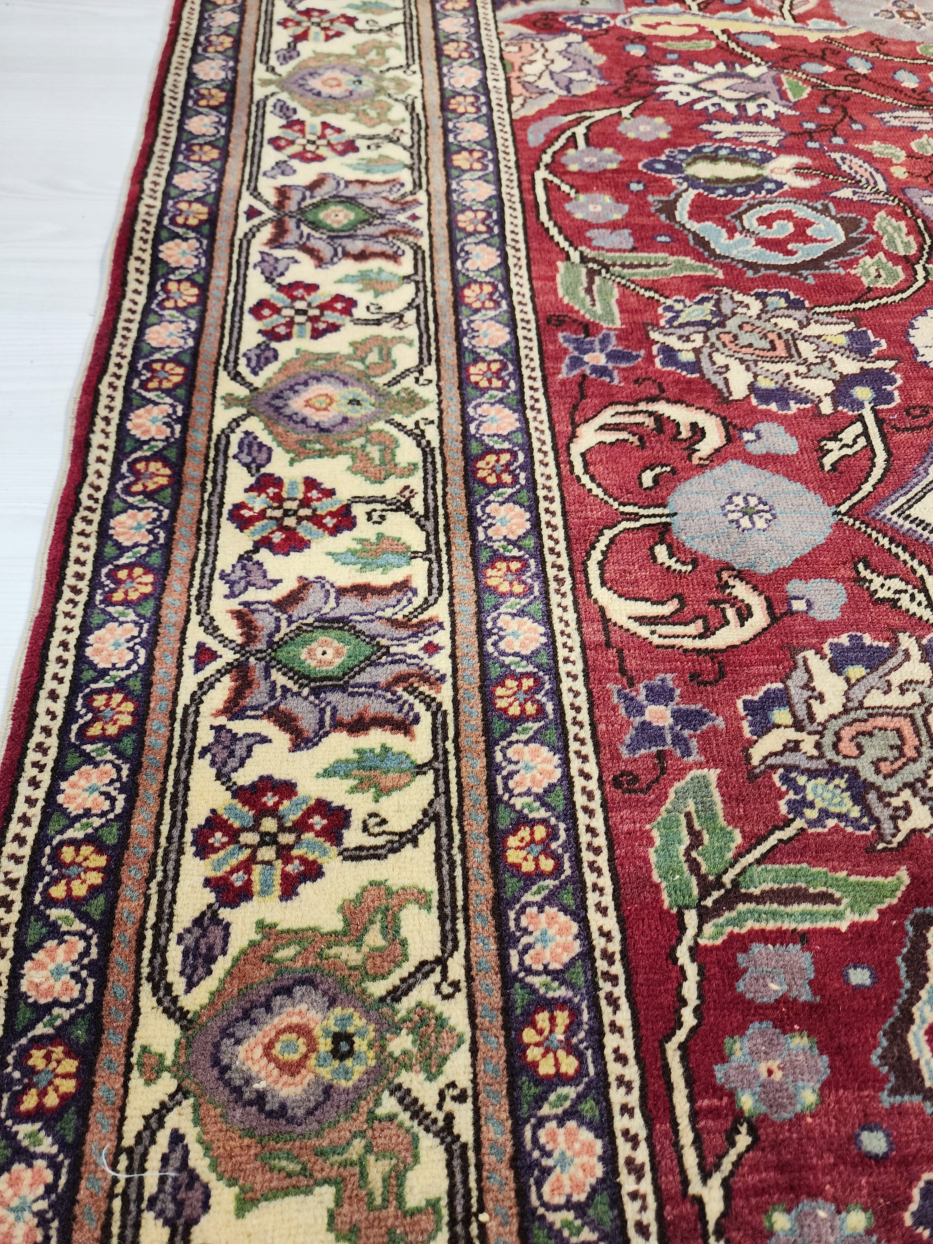 Vintage Turkish Handwoven Wool Rug, Red Cream Medallion Floral Carpet (6'6"x9'8")