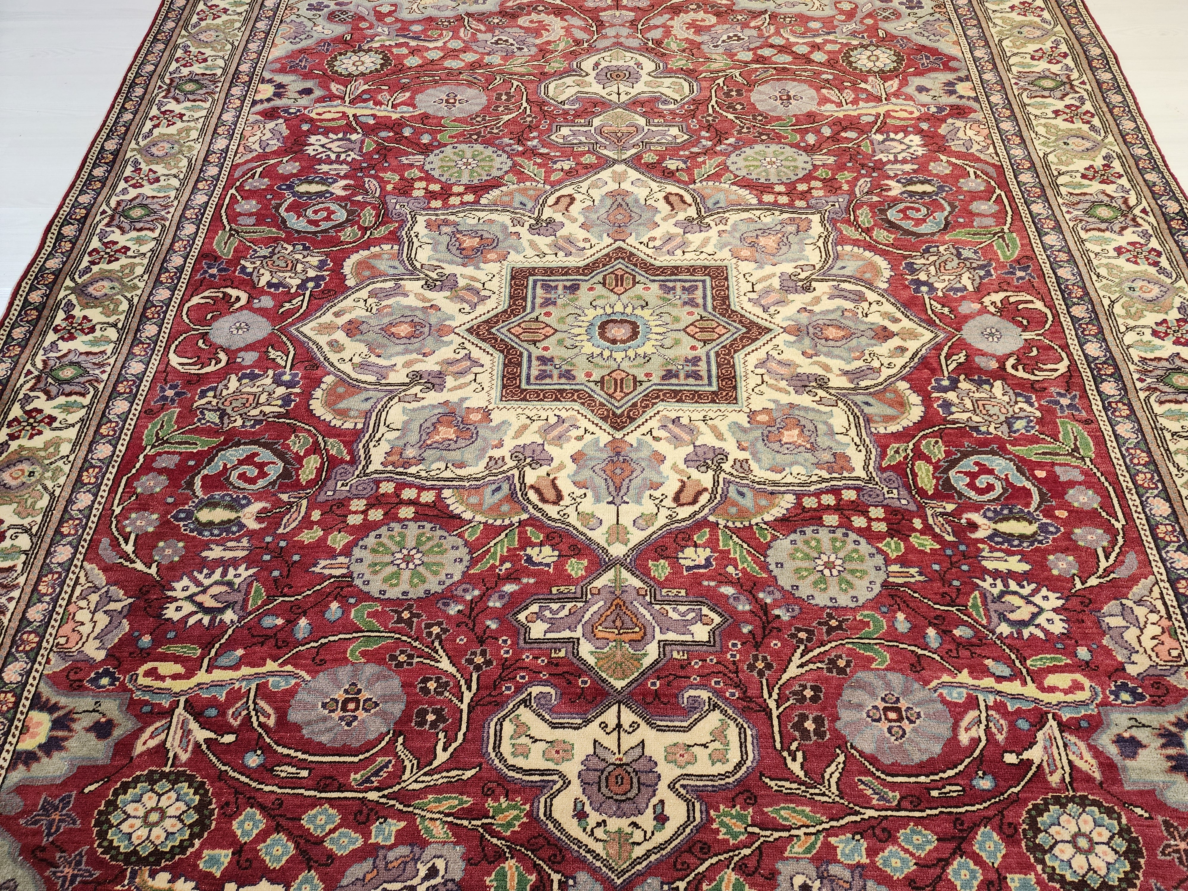 Vintage Turkish Handwoven Wool Rug, Red Cream Medallion Floral Carpet (6'6"x9'8")