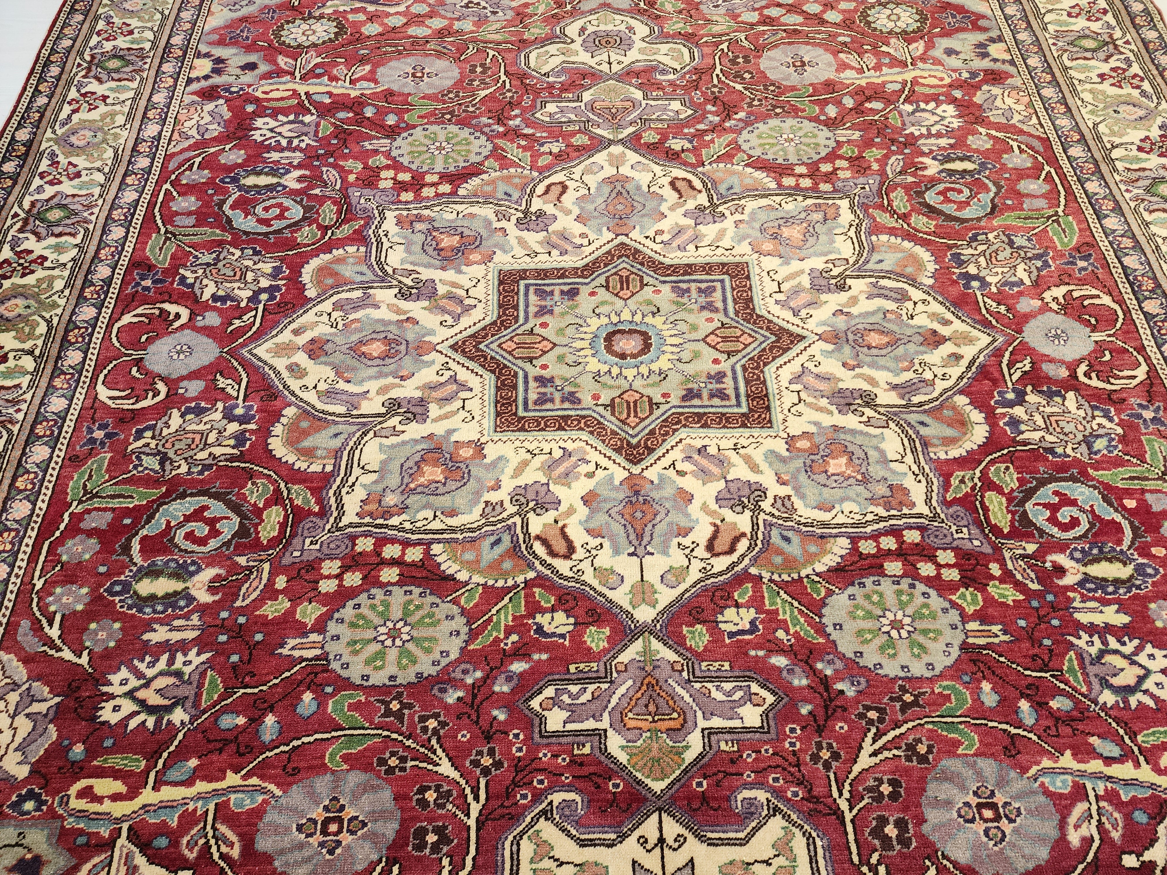Vintage Turkish Handwoven Wool Rug, Red Cream Medallion Floral Carpet (6'6"x9'8")