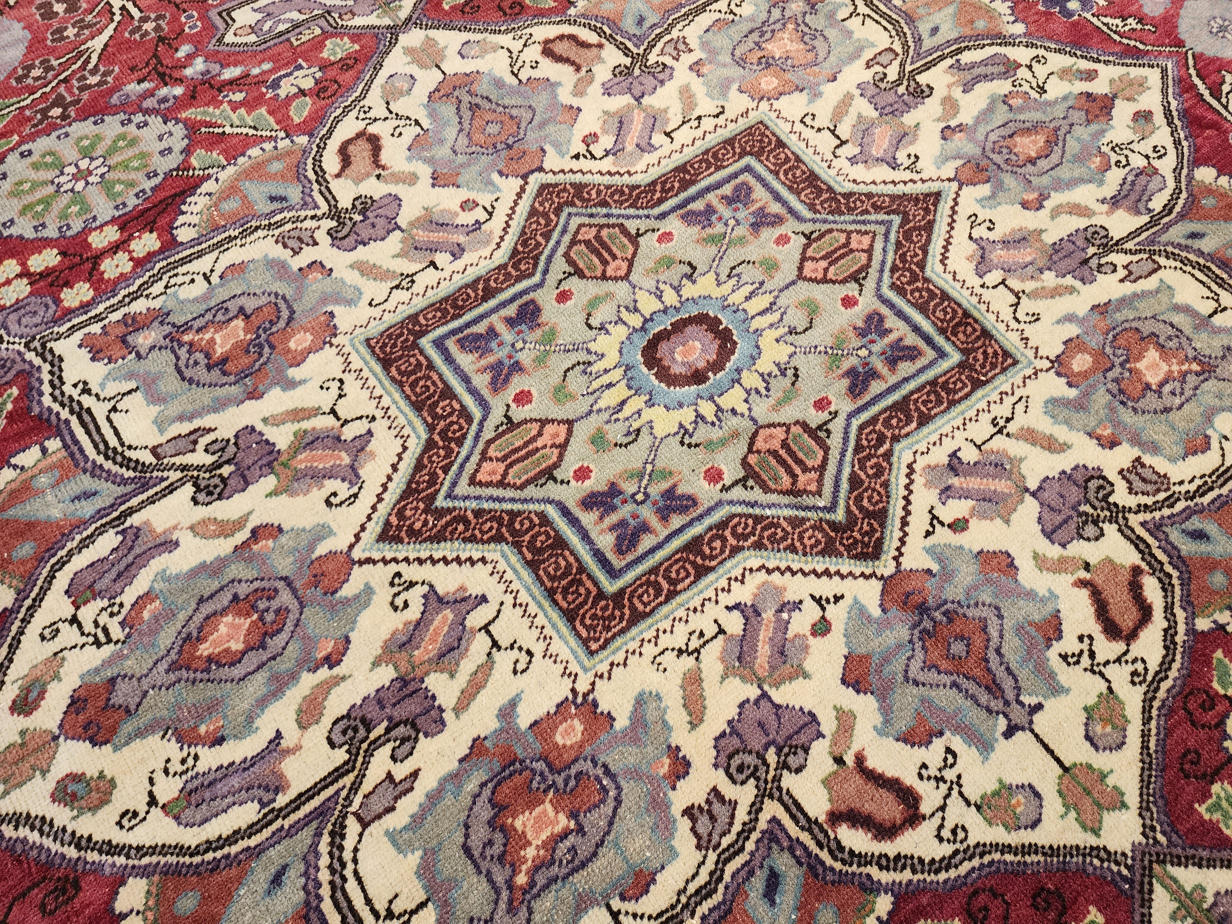 Vintage Turkish Handwoven Wool Rug, Red Cream Medallion Floral Carpet (6'6"x9'8")