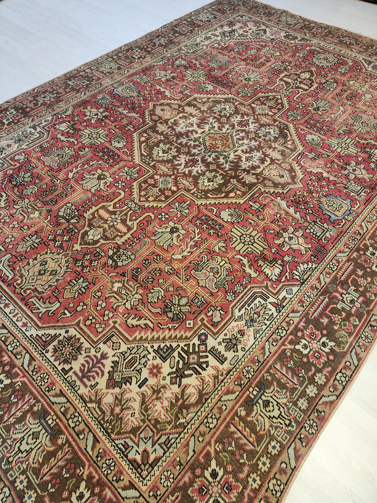 Vintage Turkish Wool Medallion Rug, Pink Brown Handwoven Carpet, Oversized Anatolian Living Room