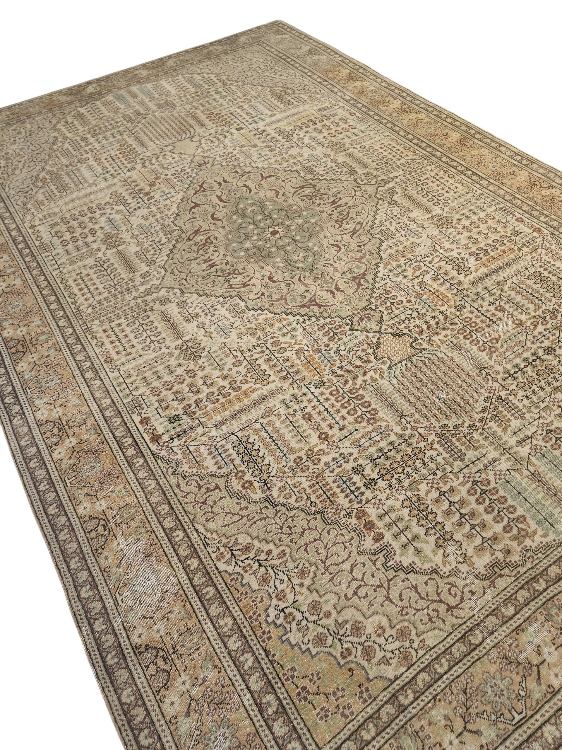 Vintage Kayseri Rug, Large Handwoven Wool Carpet, Muted Beige Olive Green Medallion