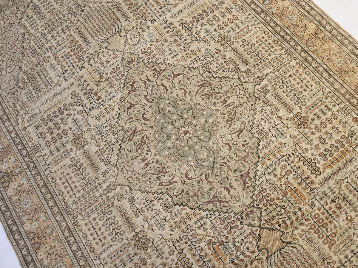 Vintage Kayseri Rug, Large Handwoven Wool Carpet, Muted Beige Olive Green Medallion