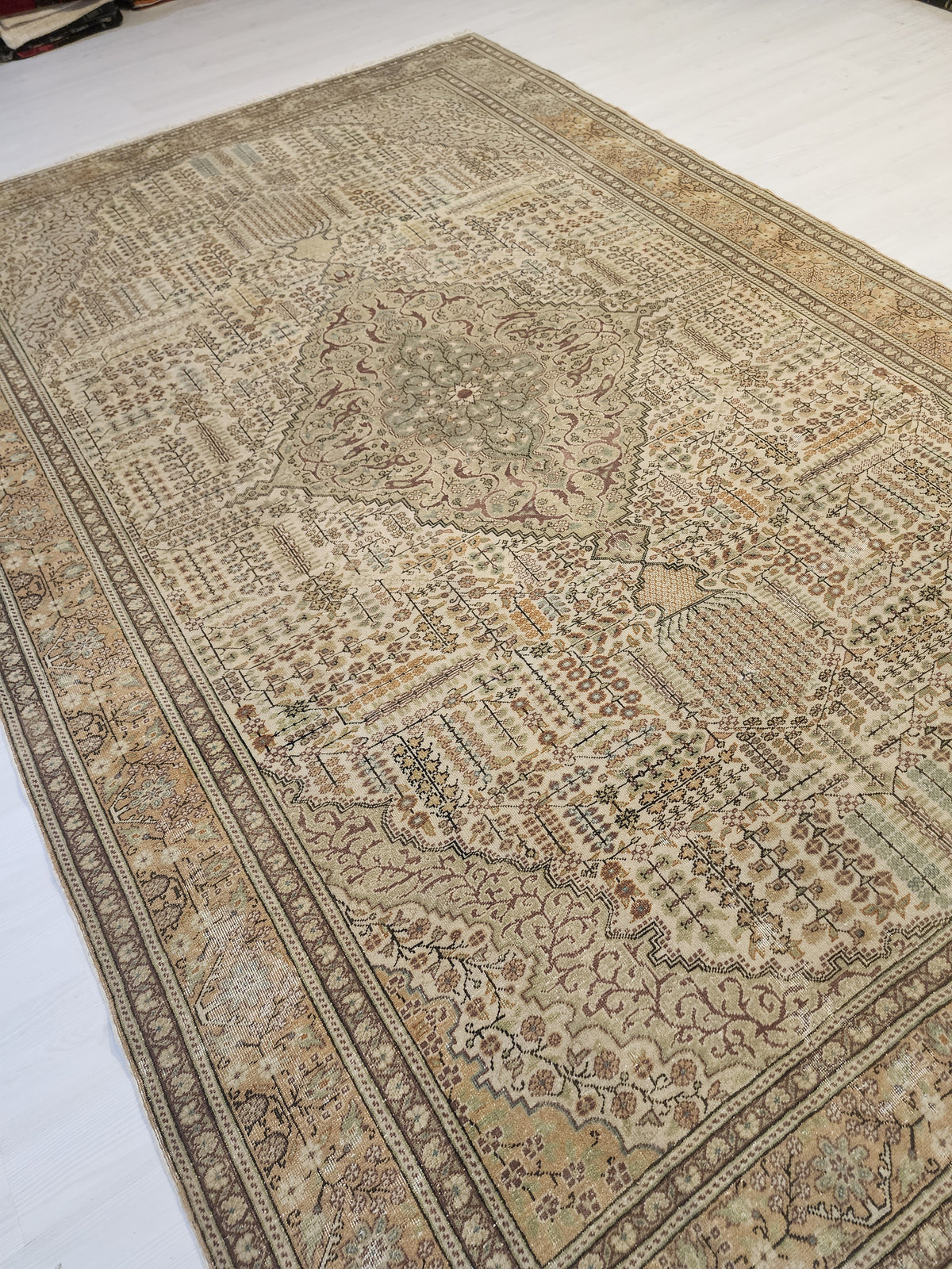 Vintage Kayseri Rug, Large Handwoven Wool Carpet, Muted Beige Olive Green Medallion