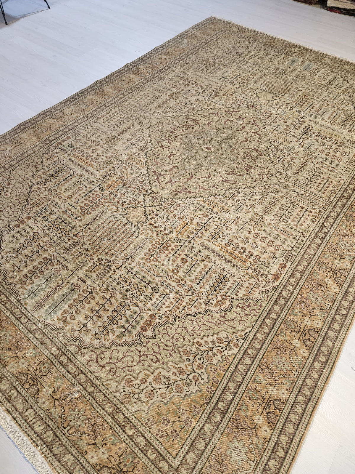 Vintage Kayseri Rug, Large Handwoven Wool Carpet, Muted Beige Olive Green Medallion