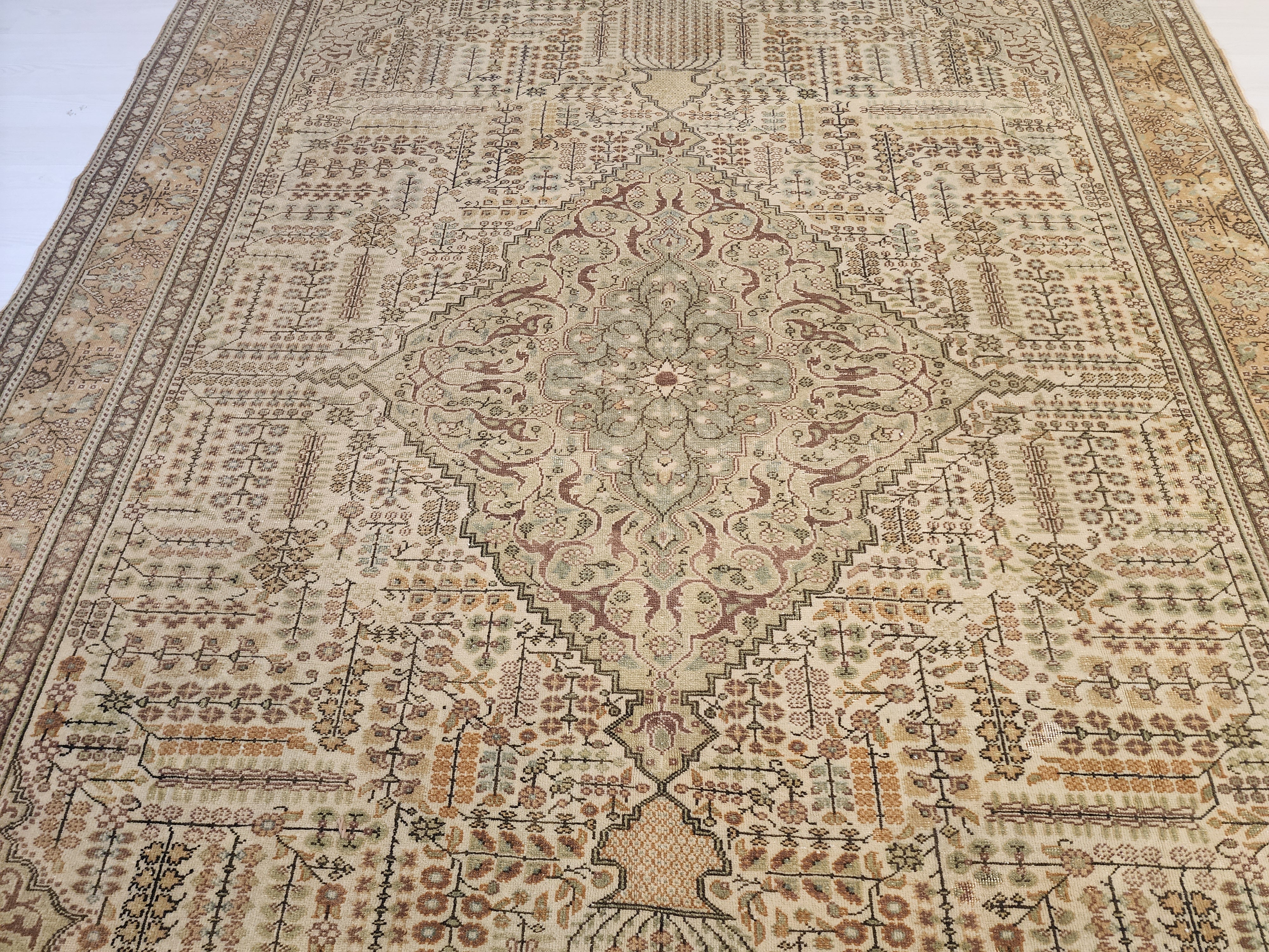 Vintage Kayseri Rug, Large Handwoven Wool Carpet, Muted Beige Olive Green Medallion