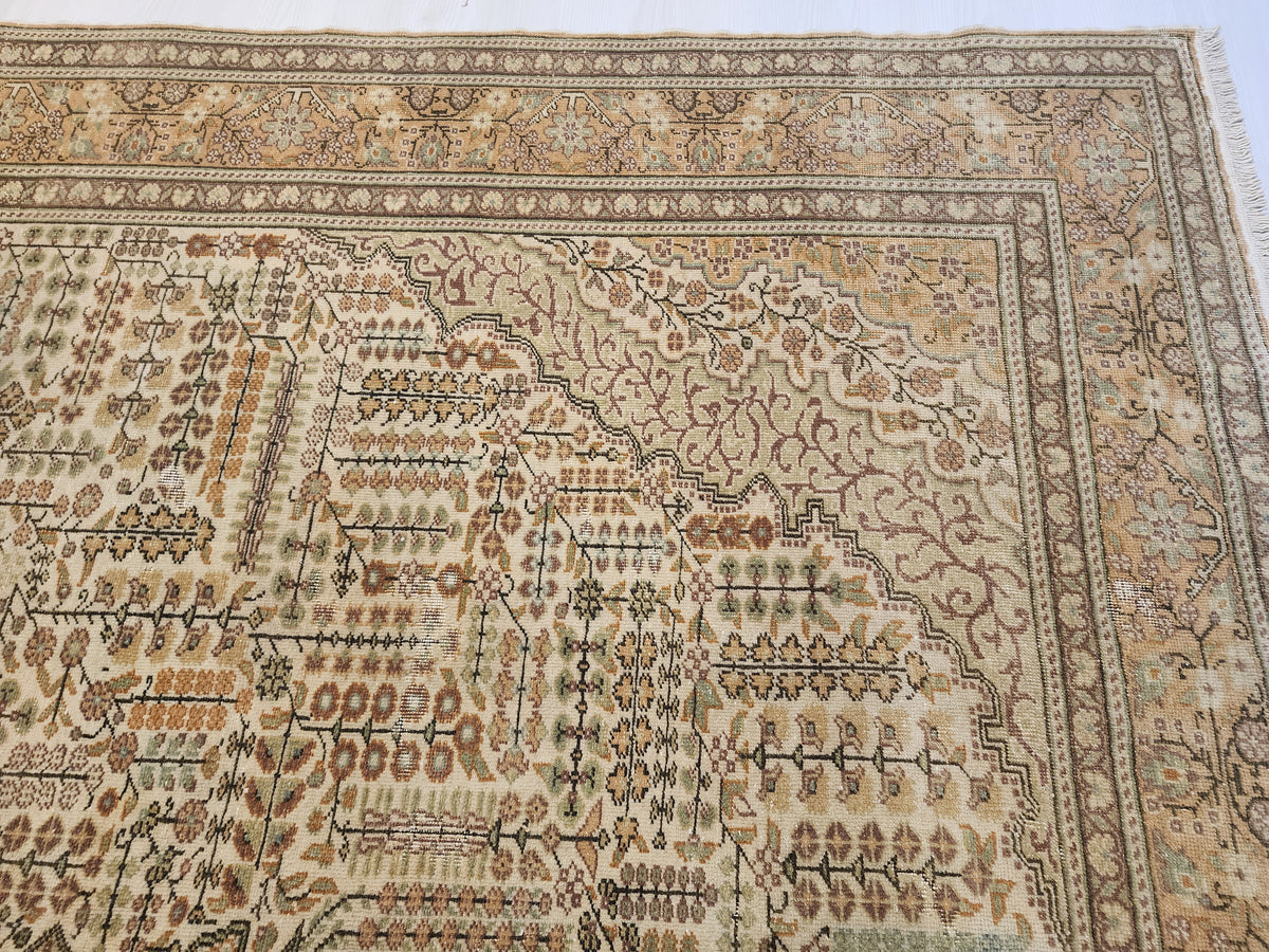 Vintage Kayseri Rug, Large Handwoven Wool Carpet, Muted Beige Olive Green Medallion