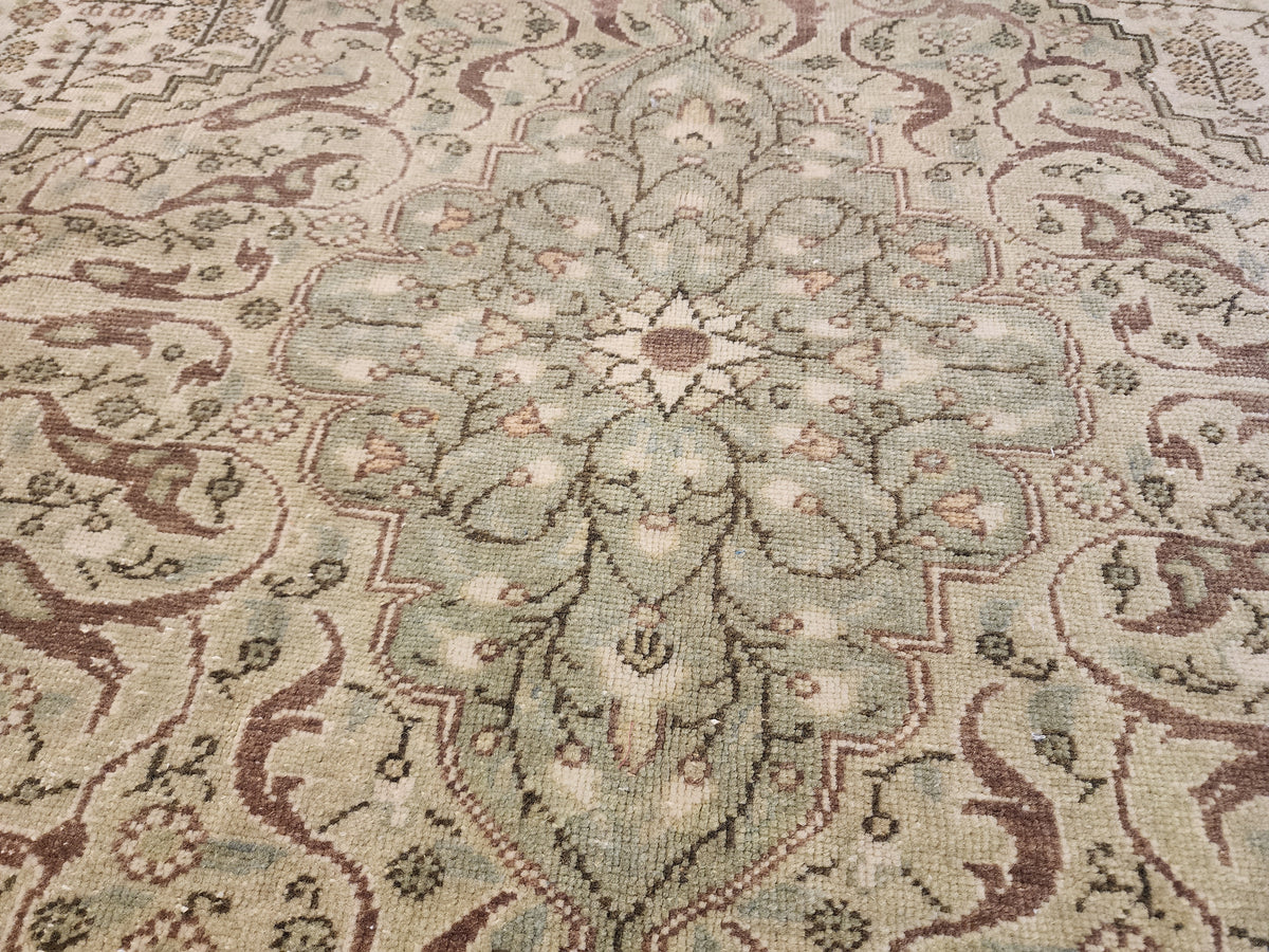 Vintage Kayseri Rug, Large Handwoven Wool Carpet, Muted Beige Olive Green Medallion