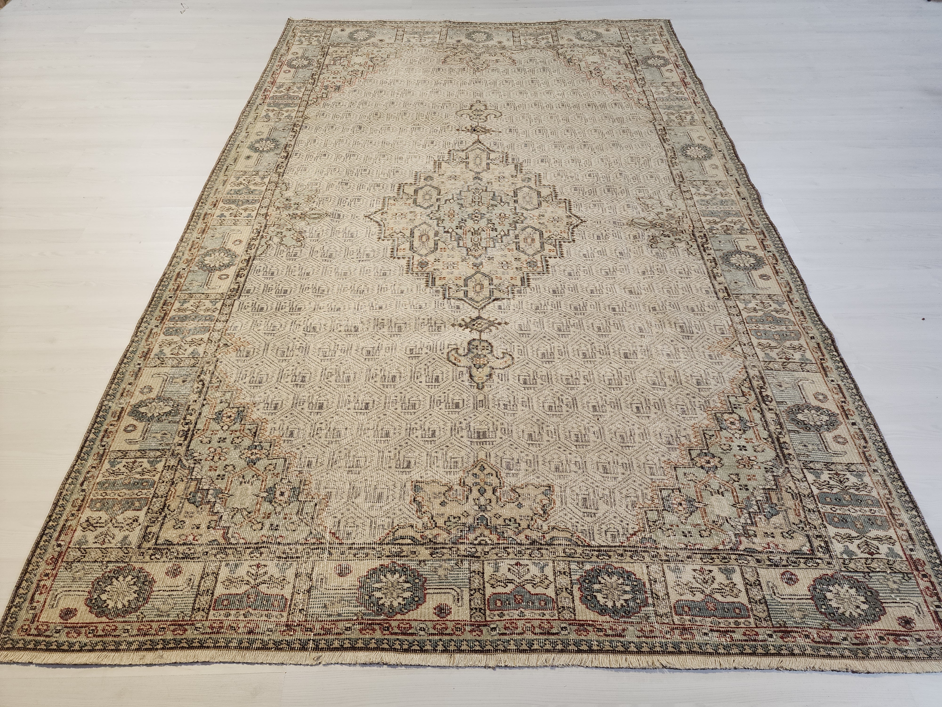 Vintage Turkish Isparta Rug, Large Beige Neutral Muted Area Rug, Handwoven Organic Wool Carpet