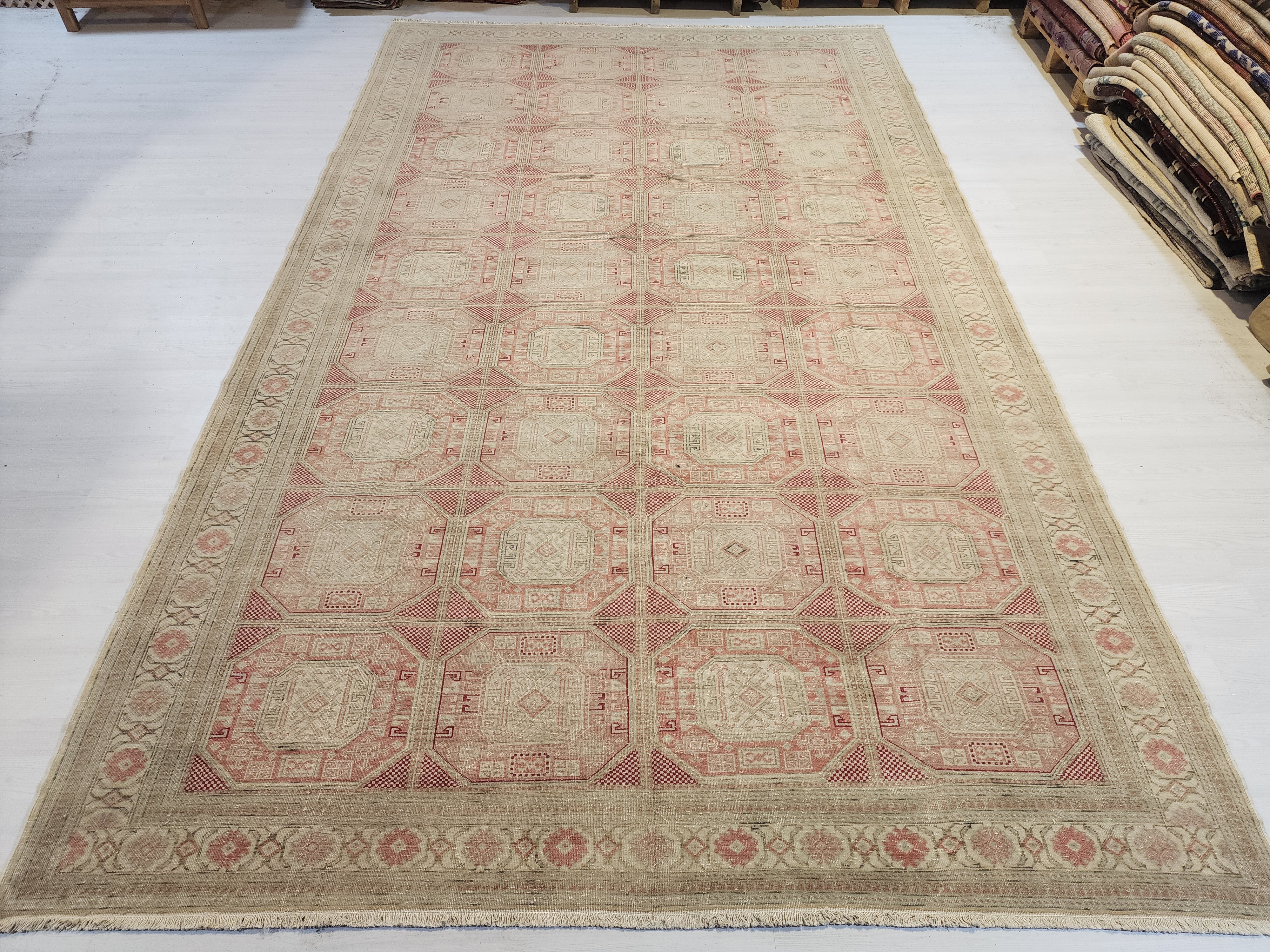 Muted Pastel Oushak Rug, Organic Wool Carpet, Ottoman Geometric Design, Farmhouse Area Rug