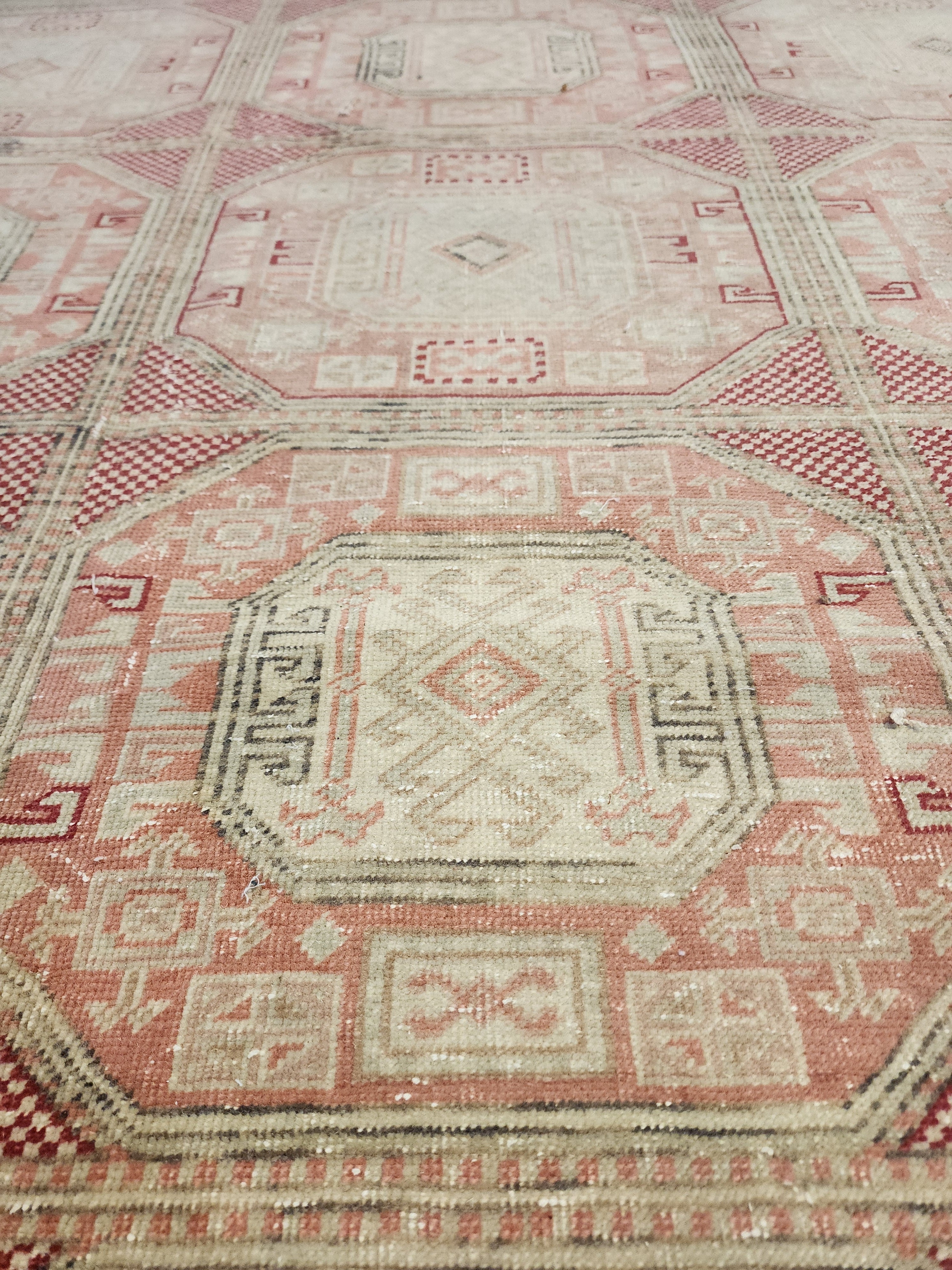 Muted Pastel Oushak Rug, Organic Wool Carpet, Ottoman Geometric Design, Farmhouse Area Rug