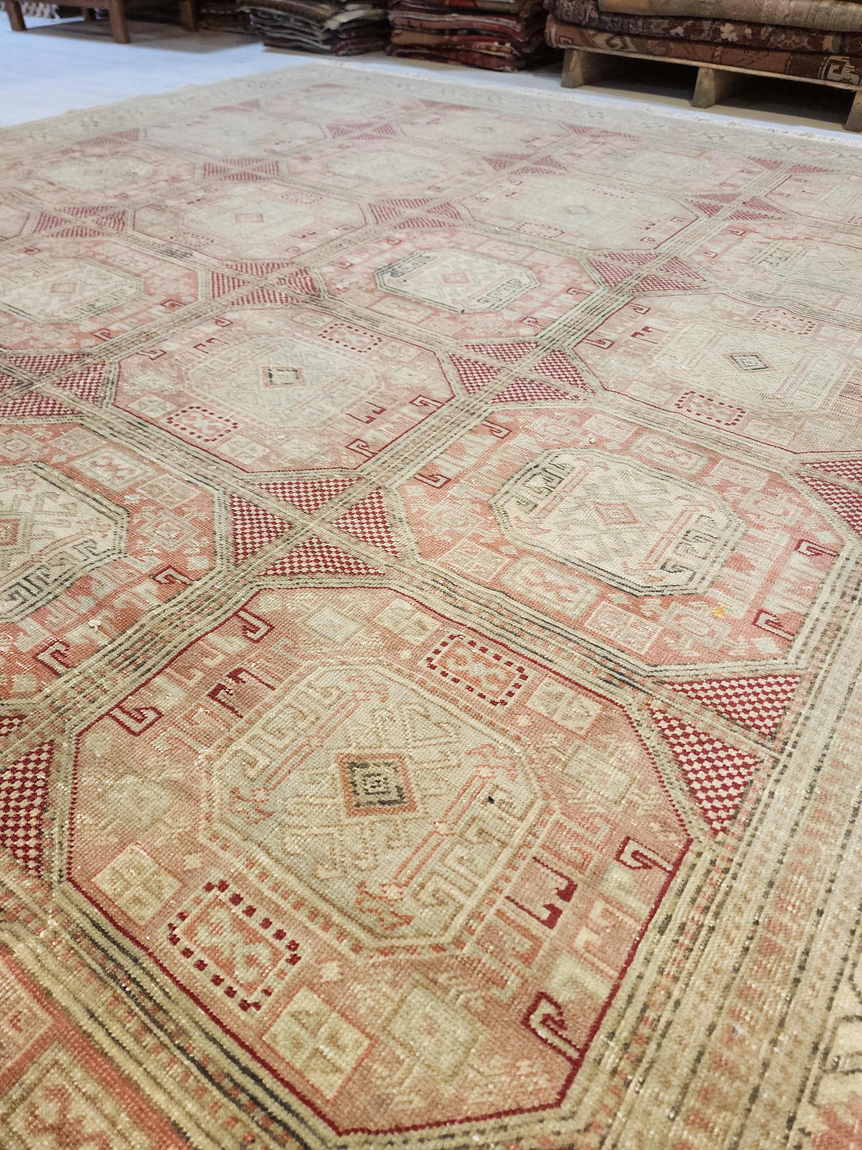 Muted Pastel Oushak Rug, Organic Wool Carpet, Ottoman Geometric Design, Farmhouse Area Rug