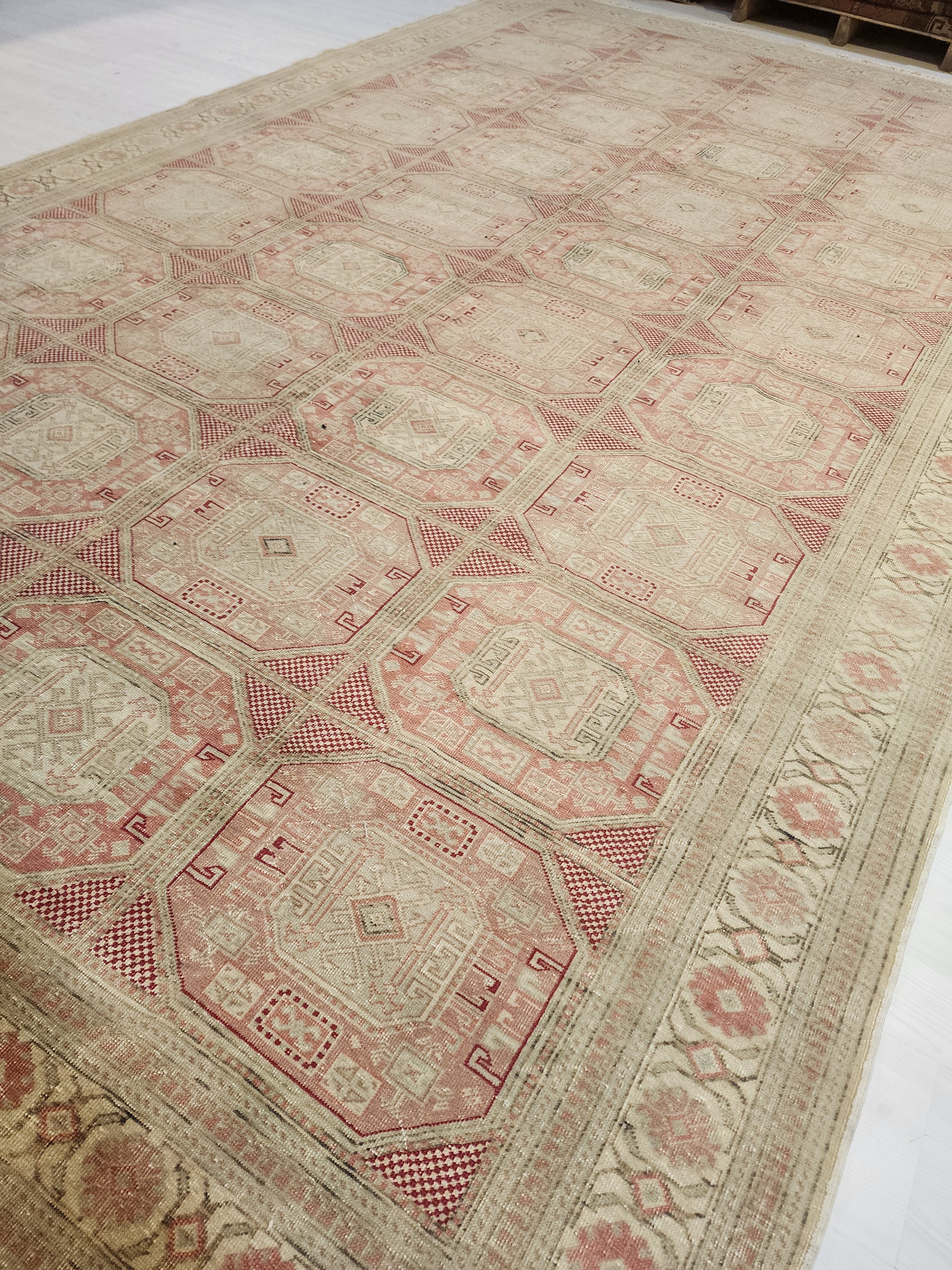 Muted Pastel Oushak Rug, Organic Wool Carpet, Ottoman Geometric Design, Farmhouse Area Rug