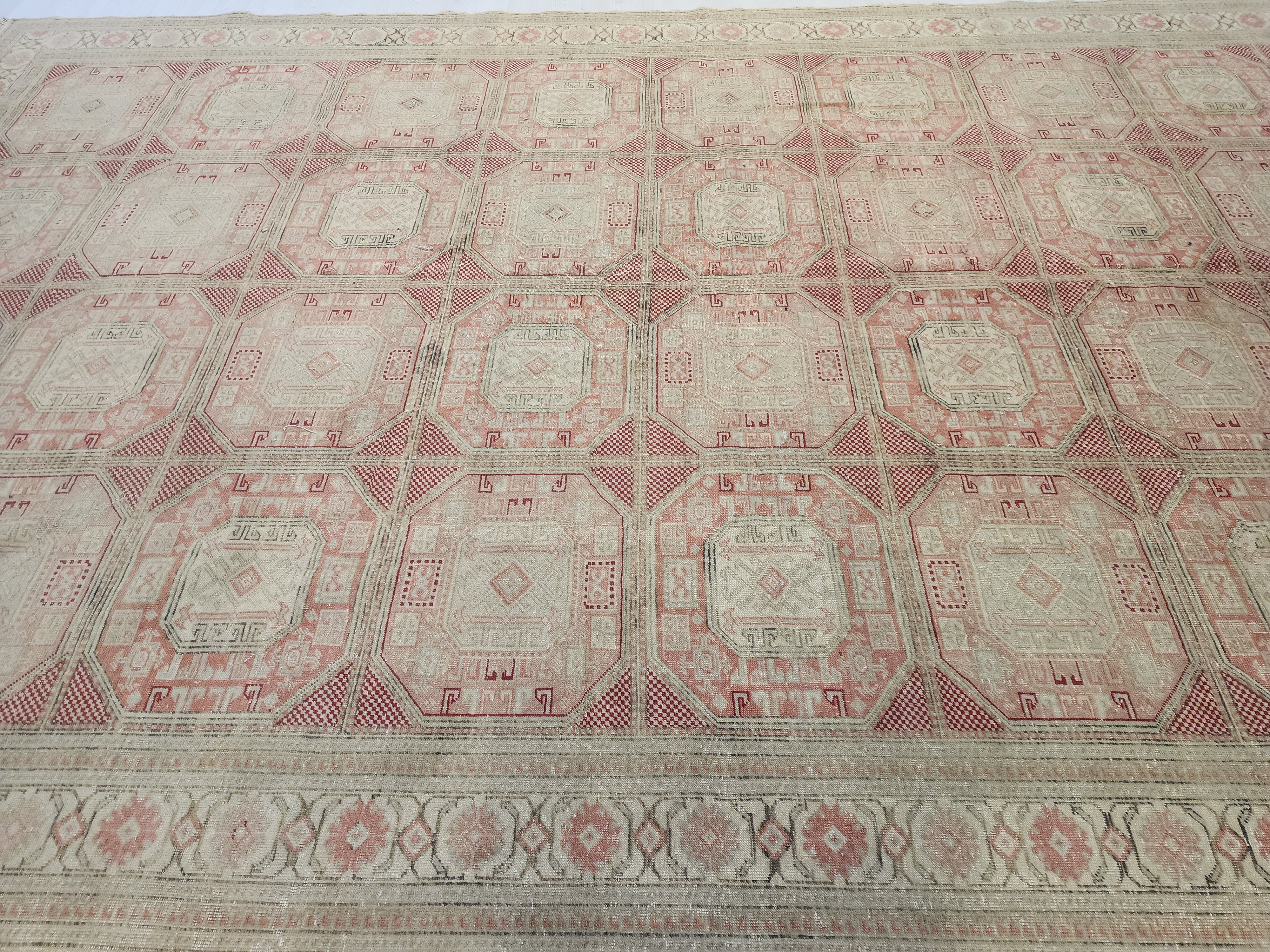 Muted Pastel Oushak Rug, Organic Wool Carpet, Ottoman Geometric Design, Farmhouse Area Rug