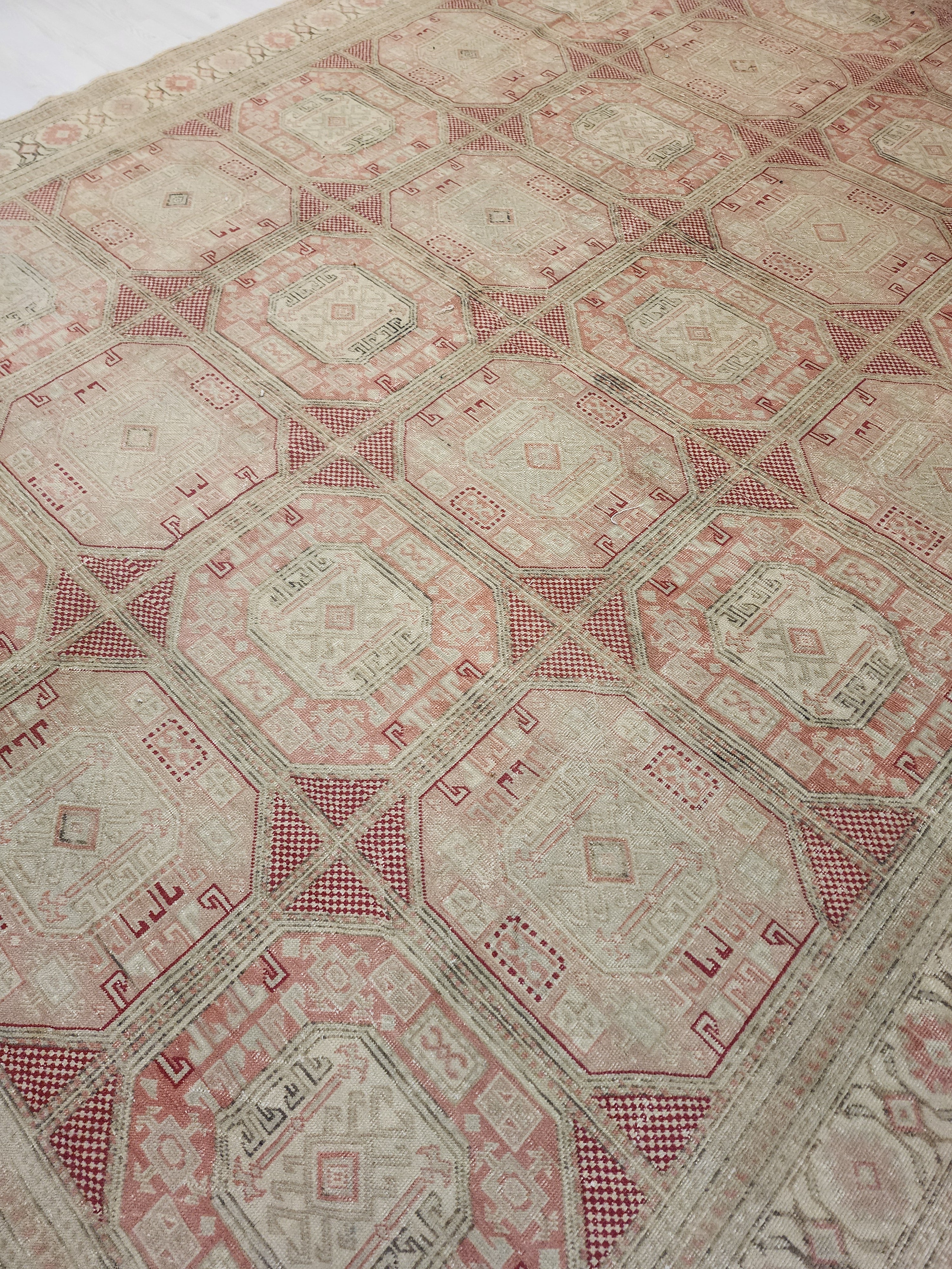 Muted Pastel Oushak Rug, Organic Wool Carpet, Ottoman Geometric Design, Farmhouse Area Rug