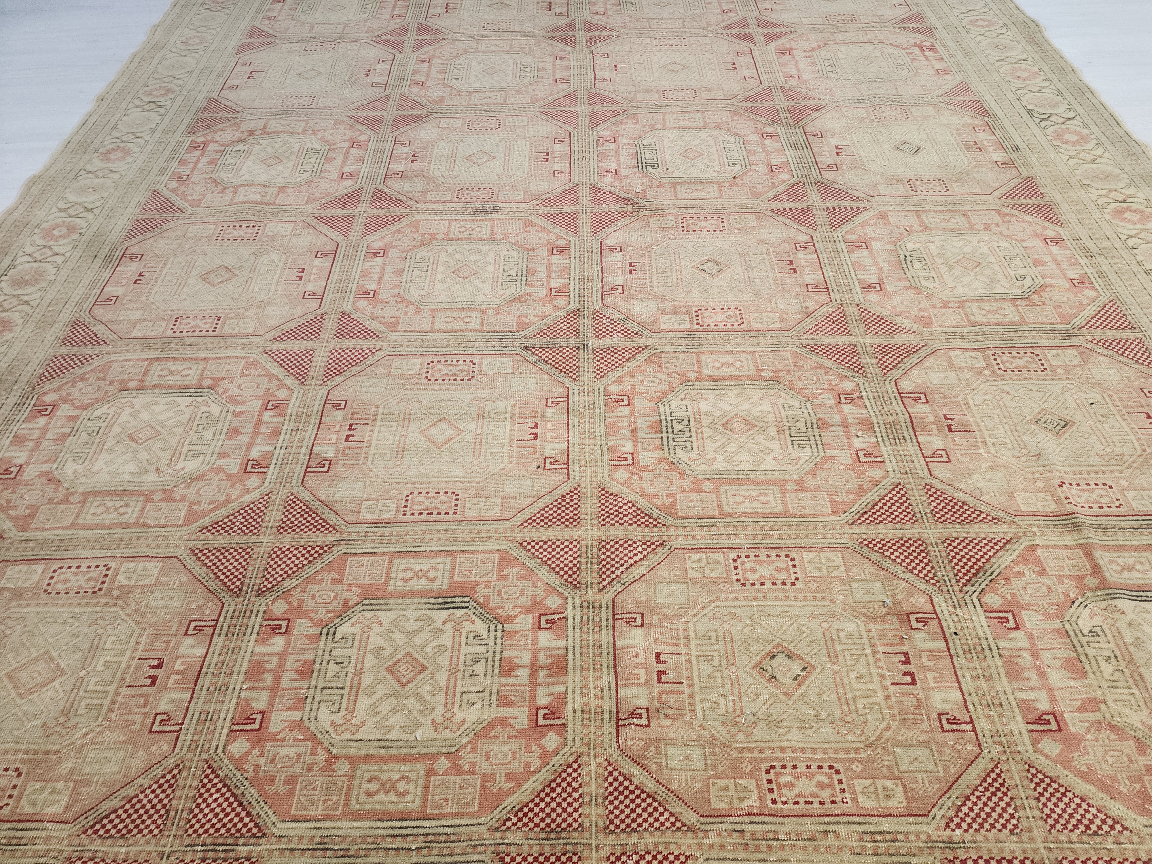 Muted Pastel Oushak Rug, Organic Wool Carpet, Ottoman Geometric Design, Farmhouse Area Rug