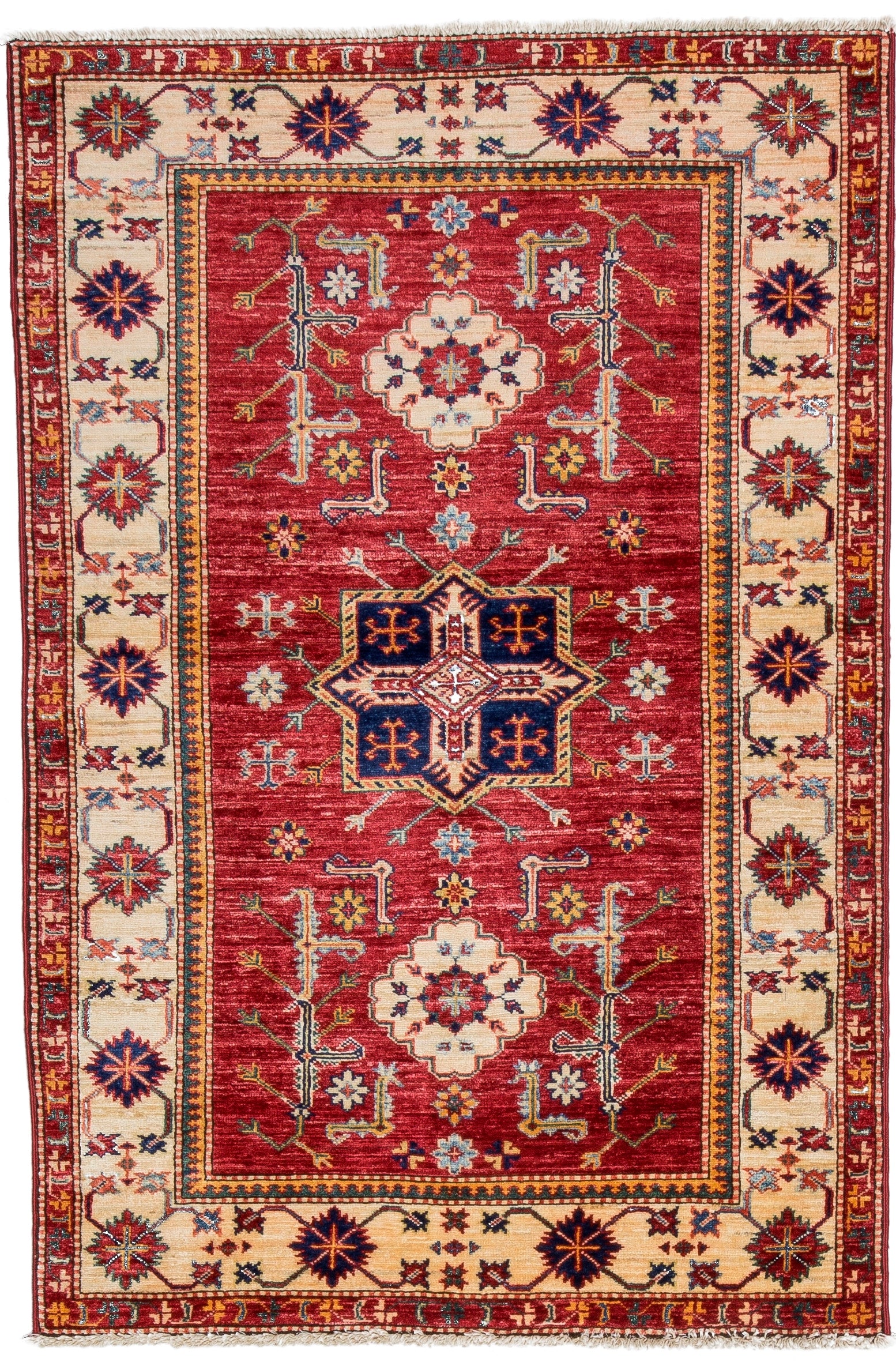 Caucasian Kazak Rug 7 x 3 ft Vintage Tribal Azerbaijan Geometric Medallion Rug