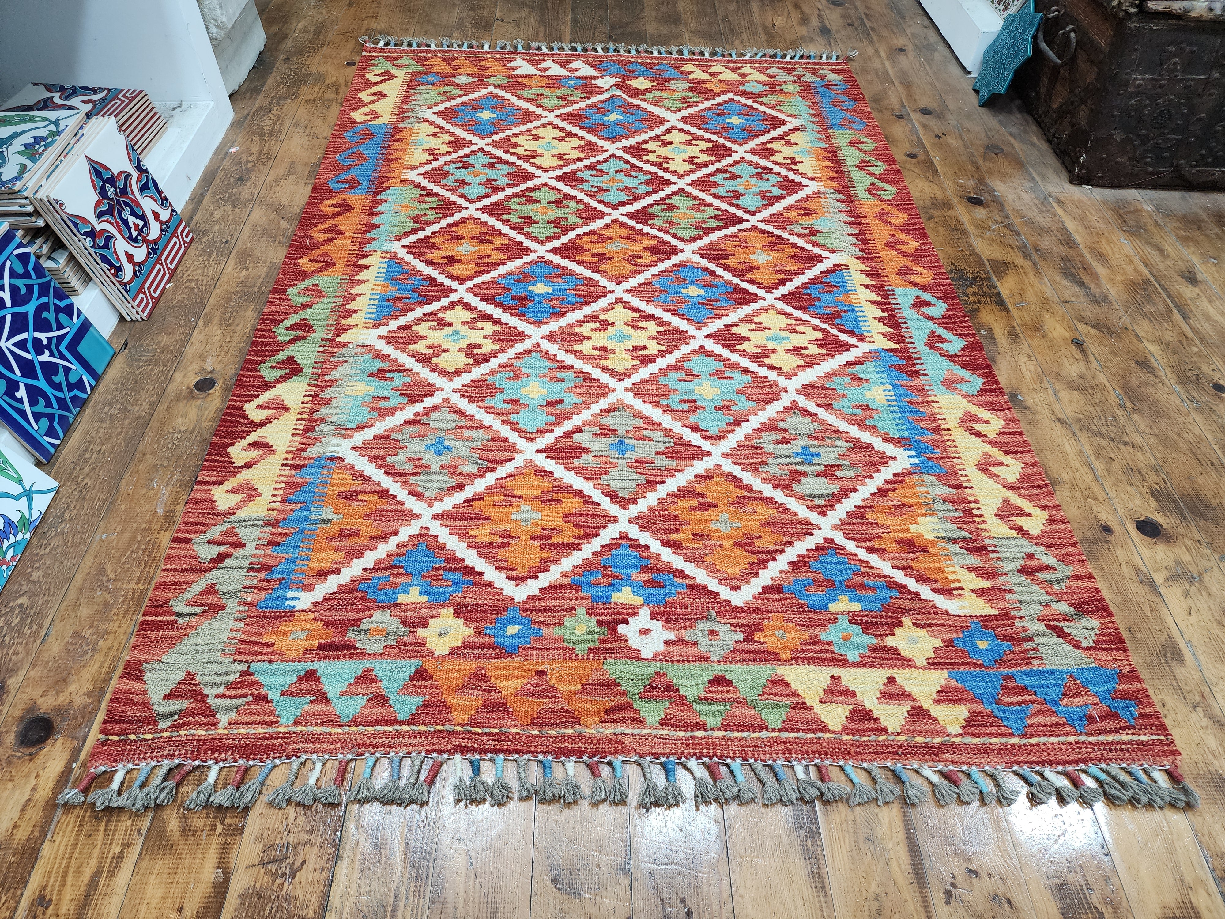 Orange and Blue Maimana Kilim, 3'4" x 4'11''