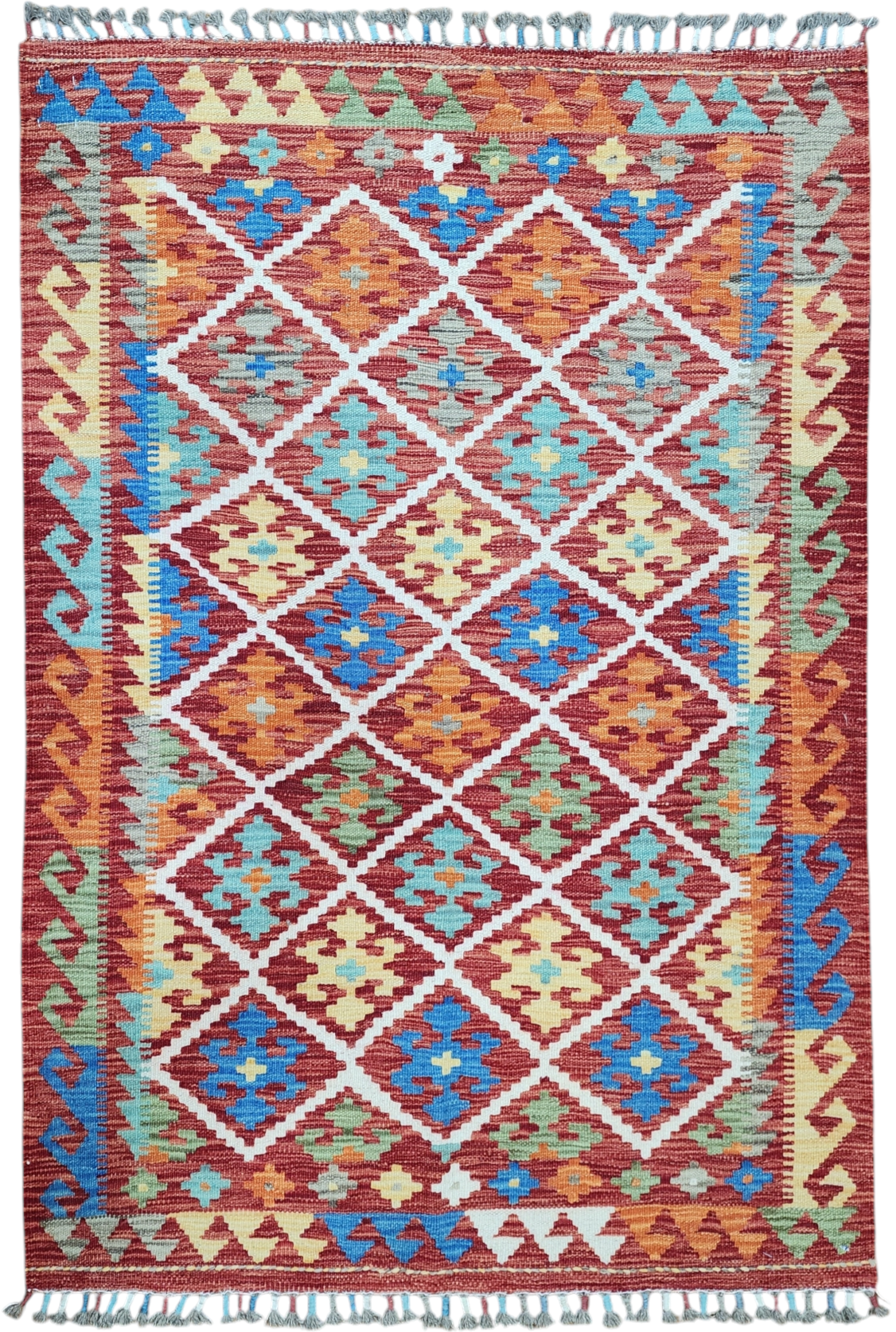 Orange and Blue Maimana Kilim, 3'4" x 4'11''