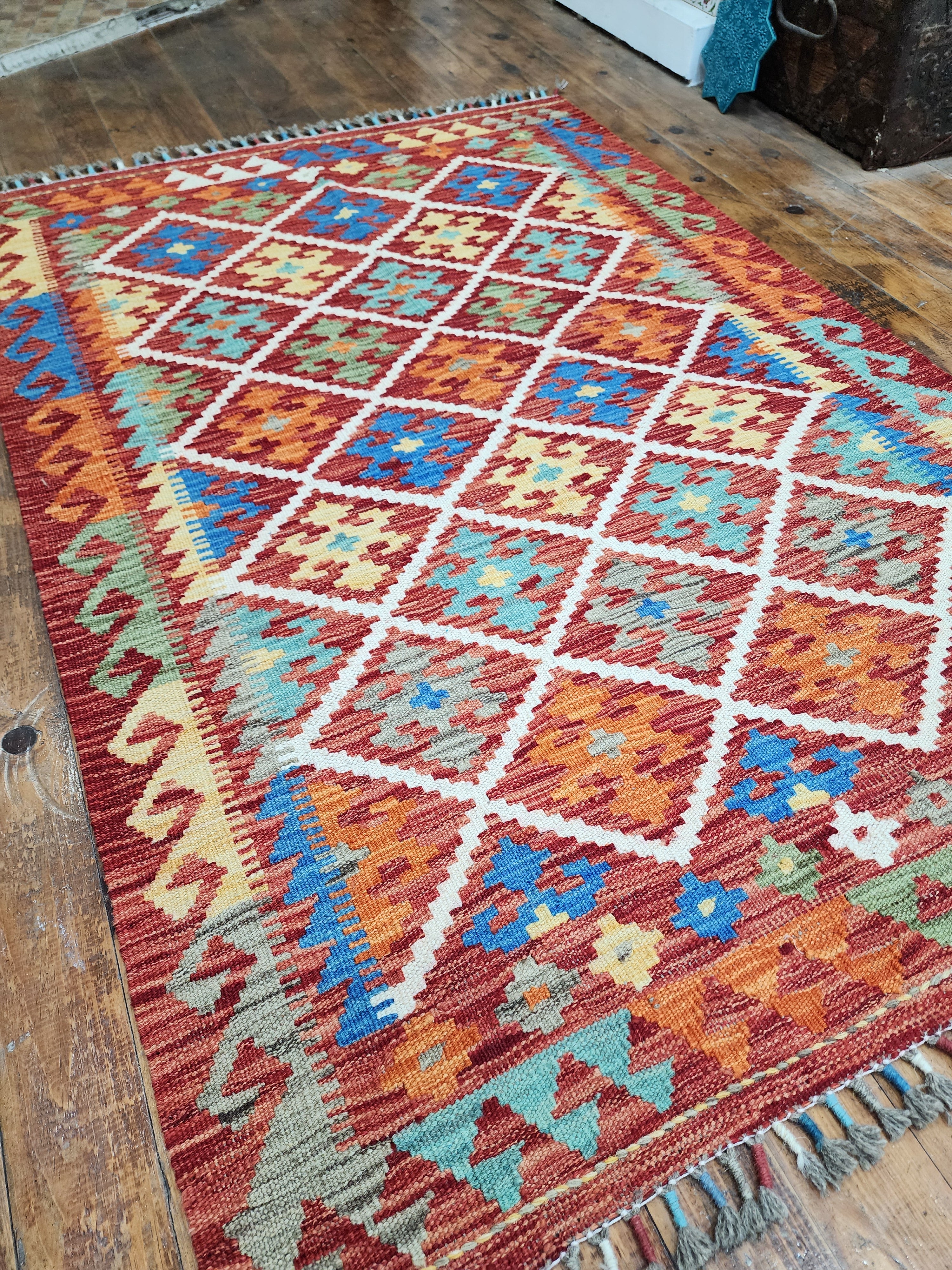 Orange and Blue Maimana Kilim, 3'4" x 4'11''