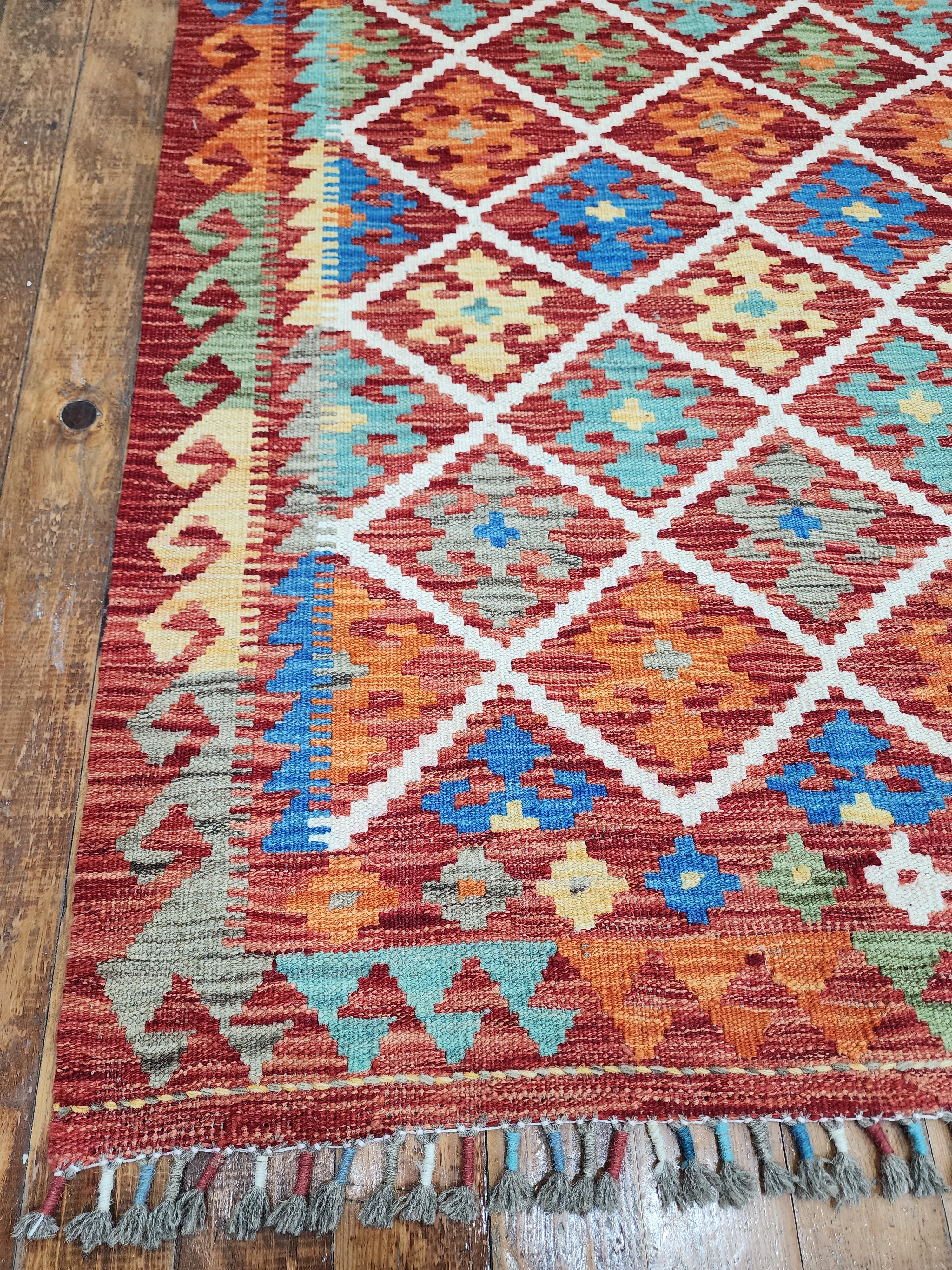 Orange and Blue Maimana Kilim, 3'4" x 4'11''