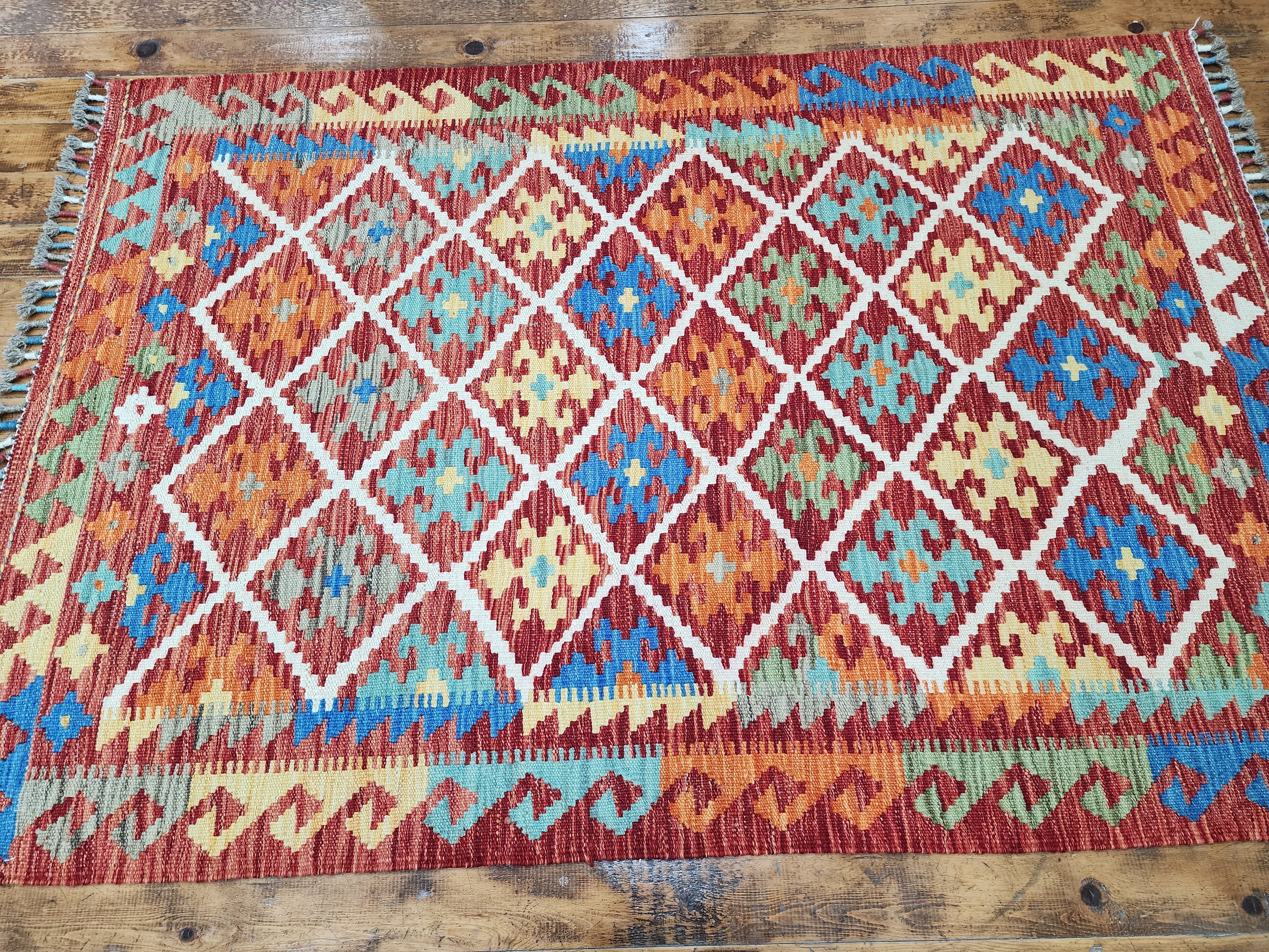 Orange and Blue Maimana Kilim, 3'4" x 4'11''