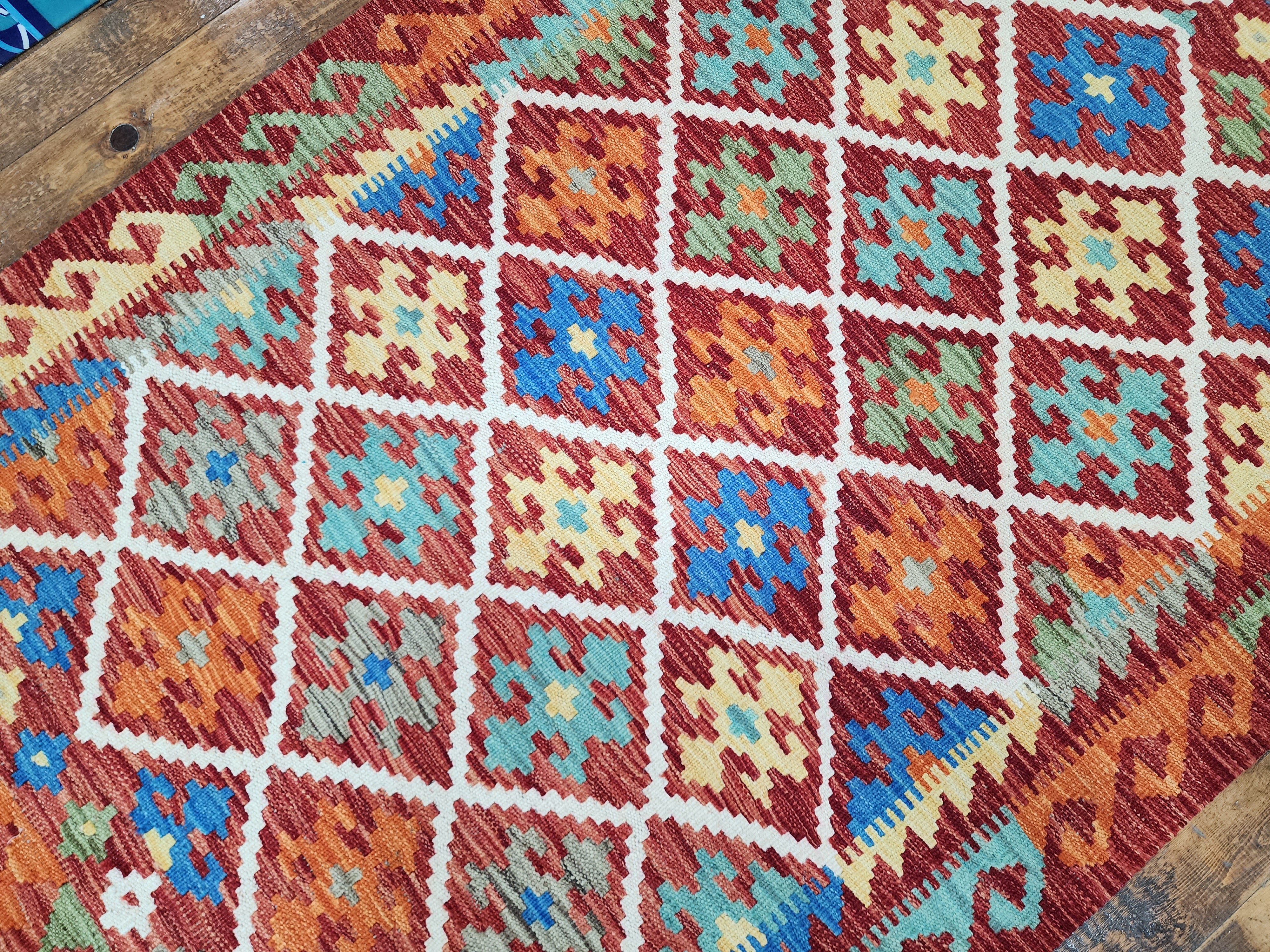 Orange and Blue Maimana Kilim, 3'4" x 4'11''