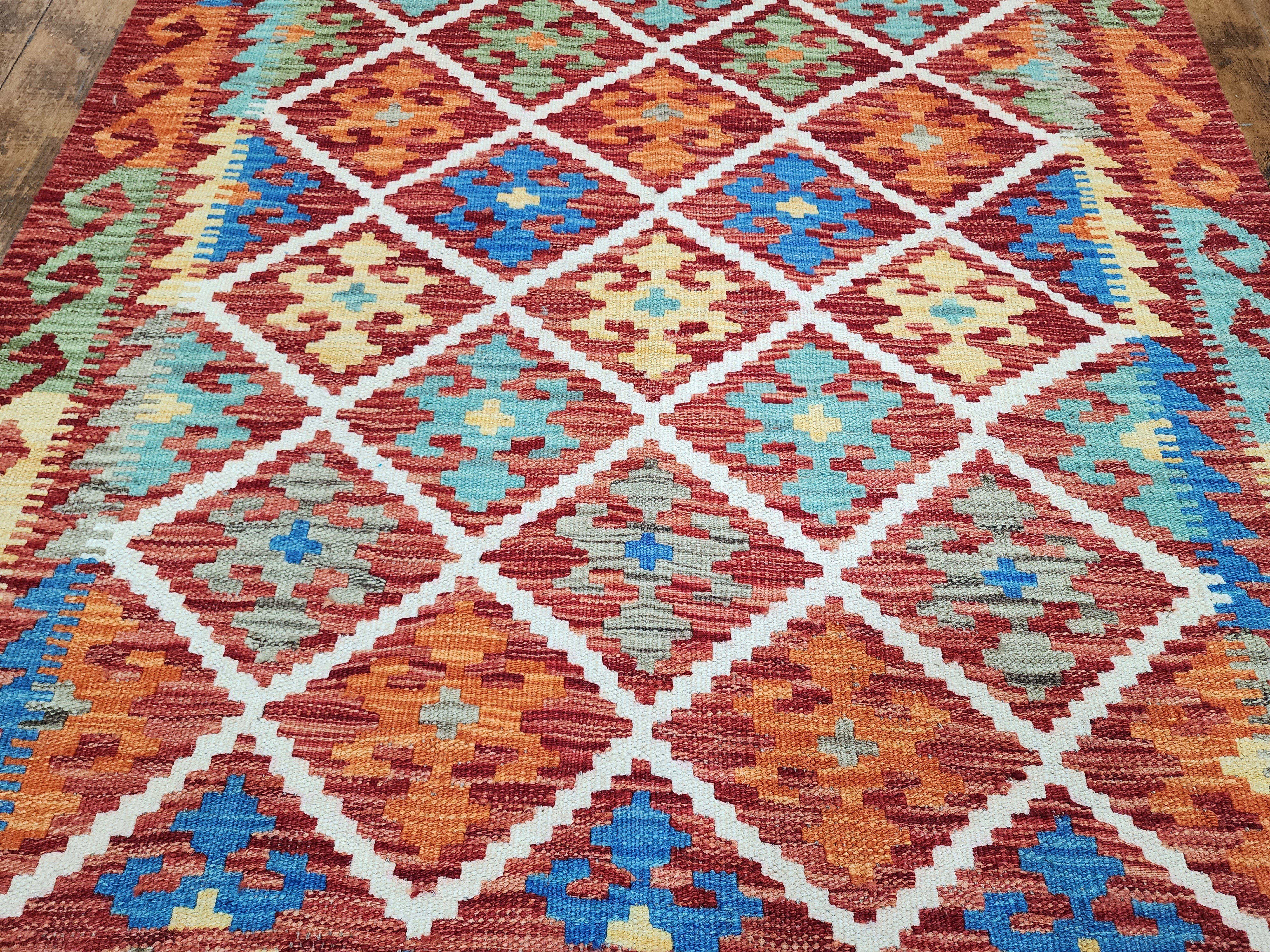 Orange and Blue Maimana Kilim, 3'4" x 4'11''