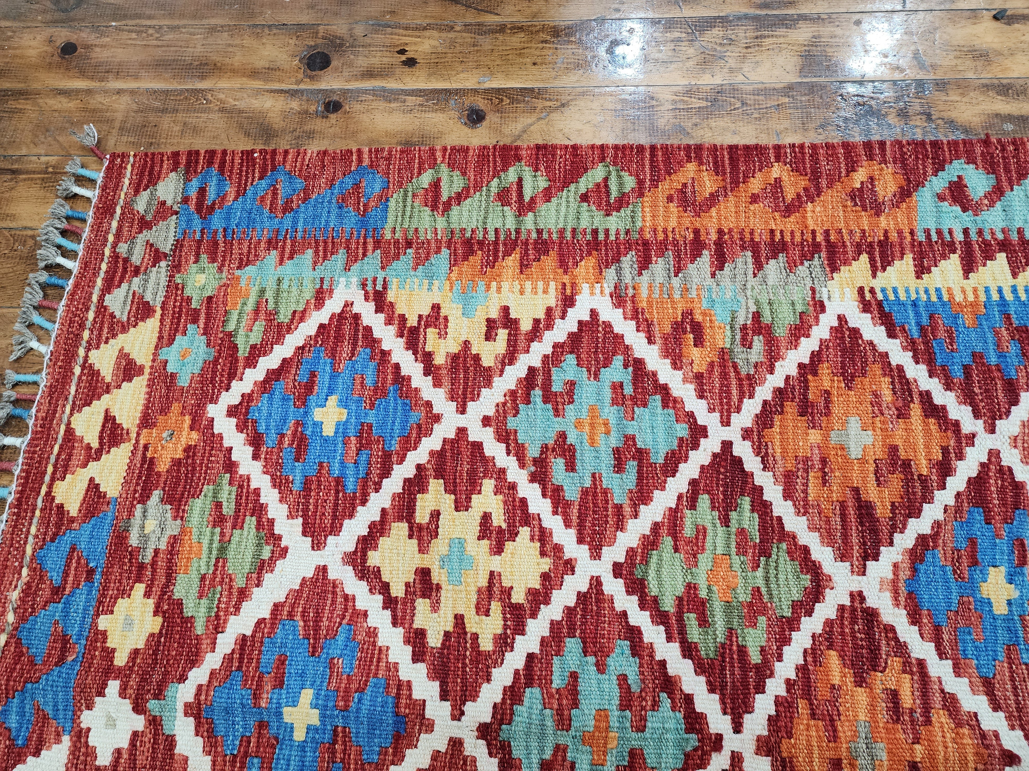 Orange and Blue Maimana Kilim, 3'4" x 4'11''
