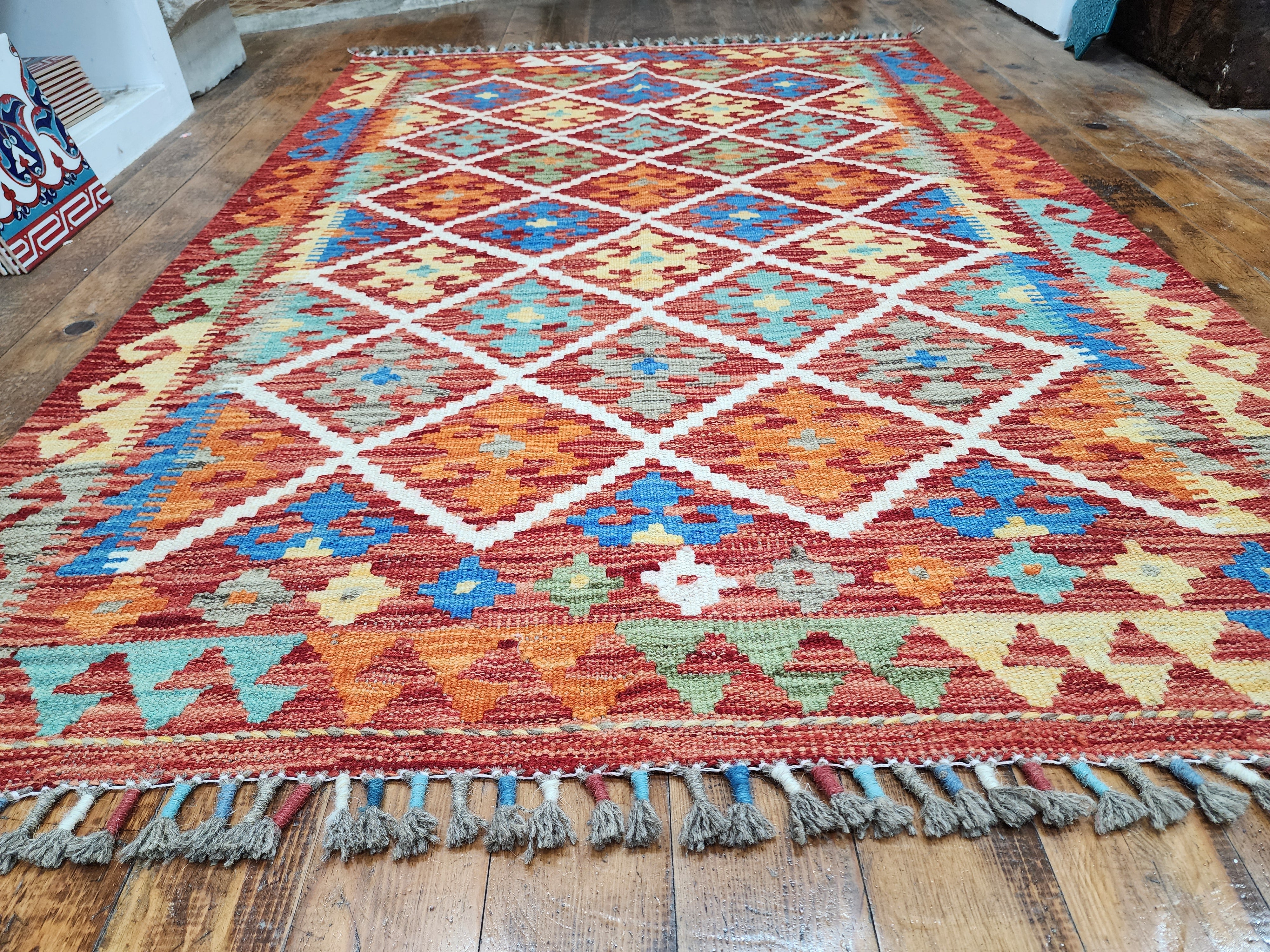 Orange and Blue Maimana Kilim, 3'4" x 4'11''