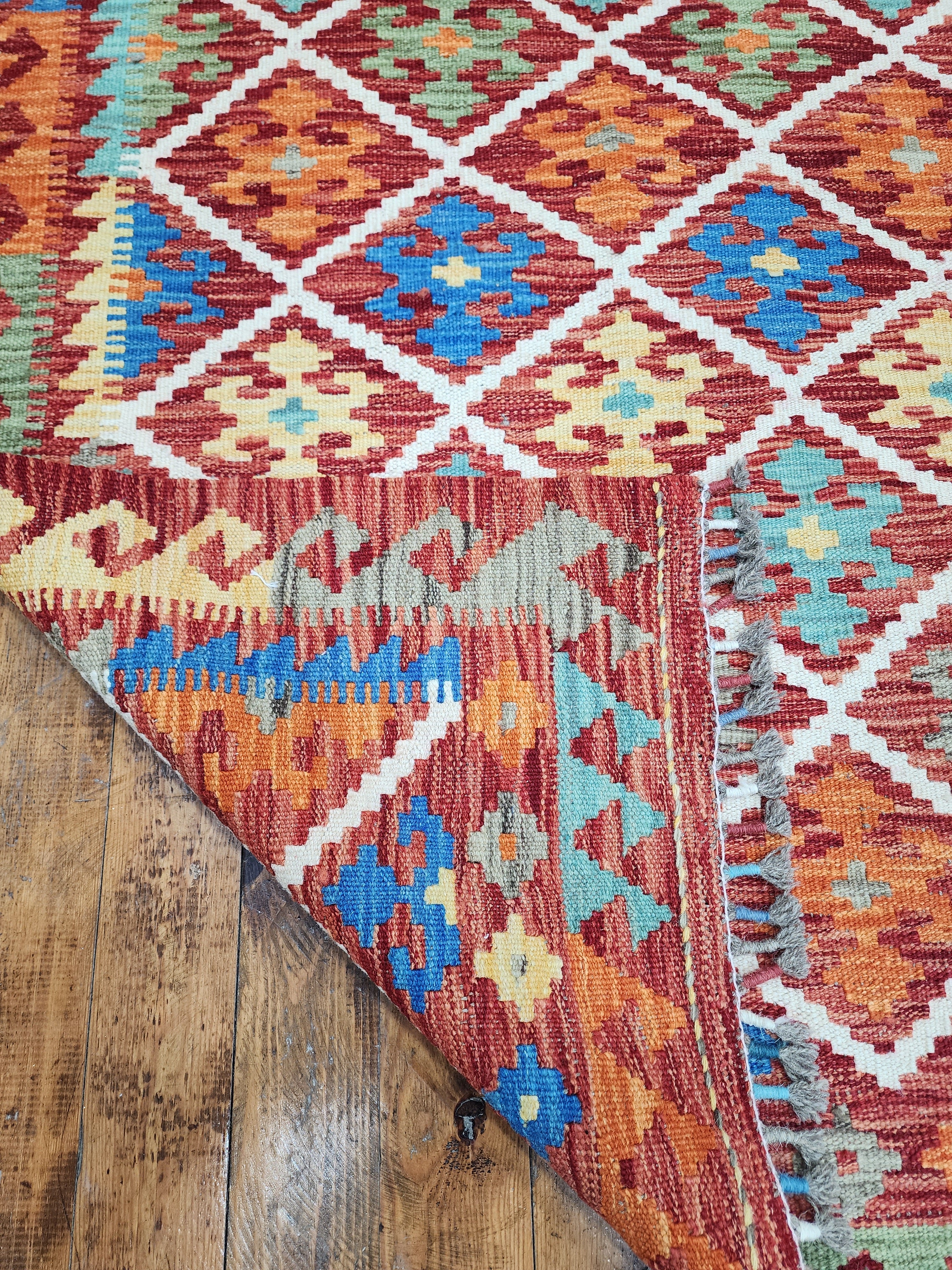 Orange and Blue Maimana Kilim, 3'4" x 4'11''