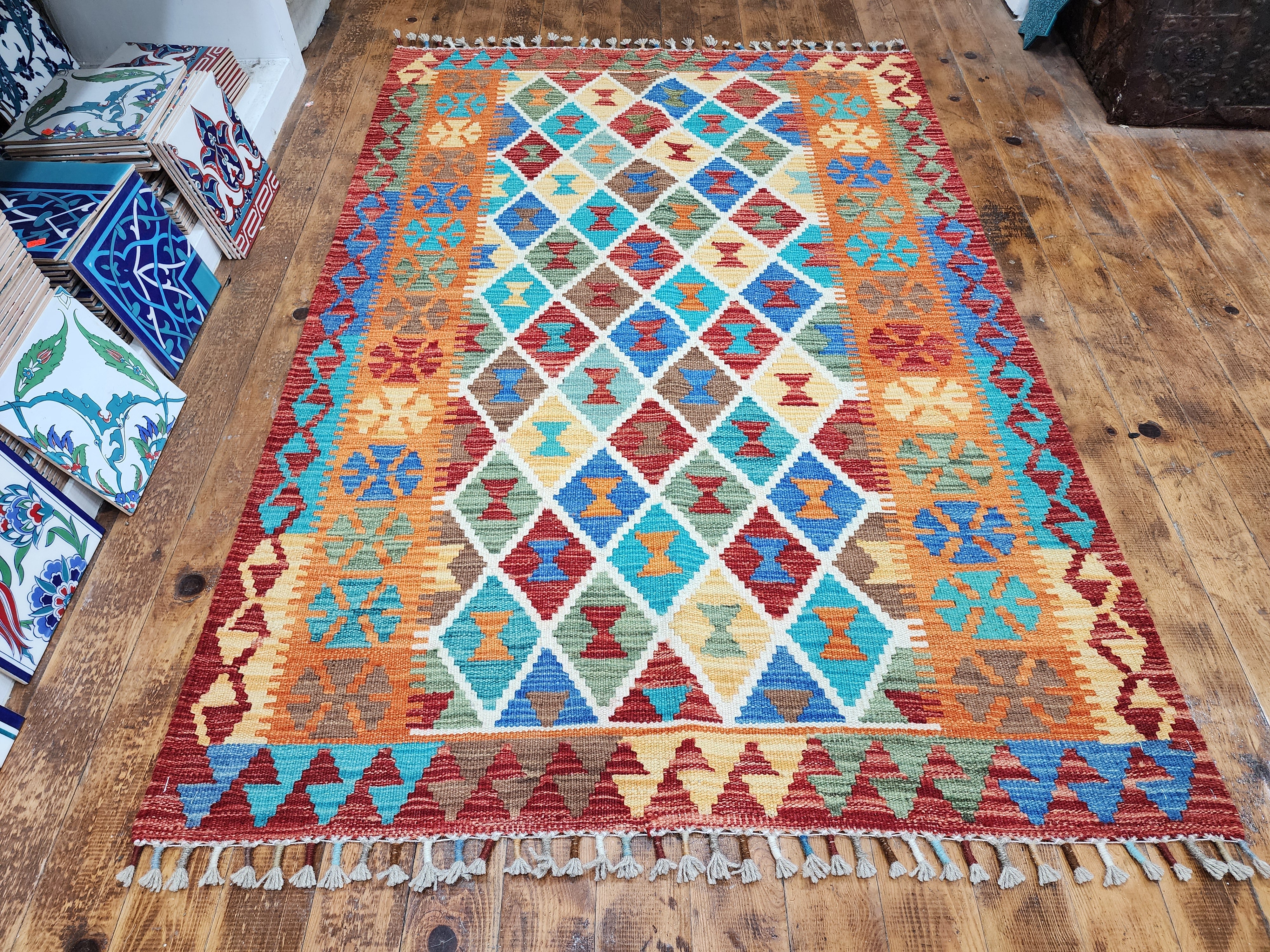 Orange and Blue Maimana Kilim, 3'5" x 5'1''
