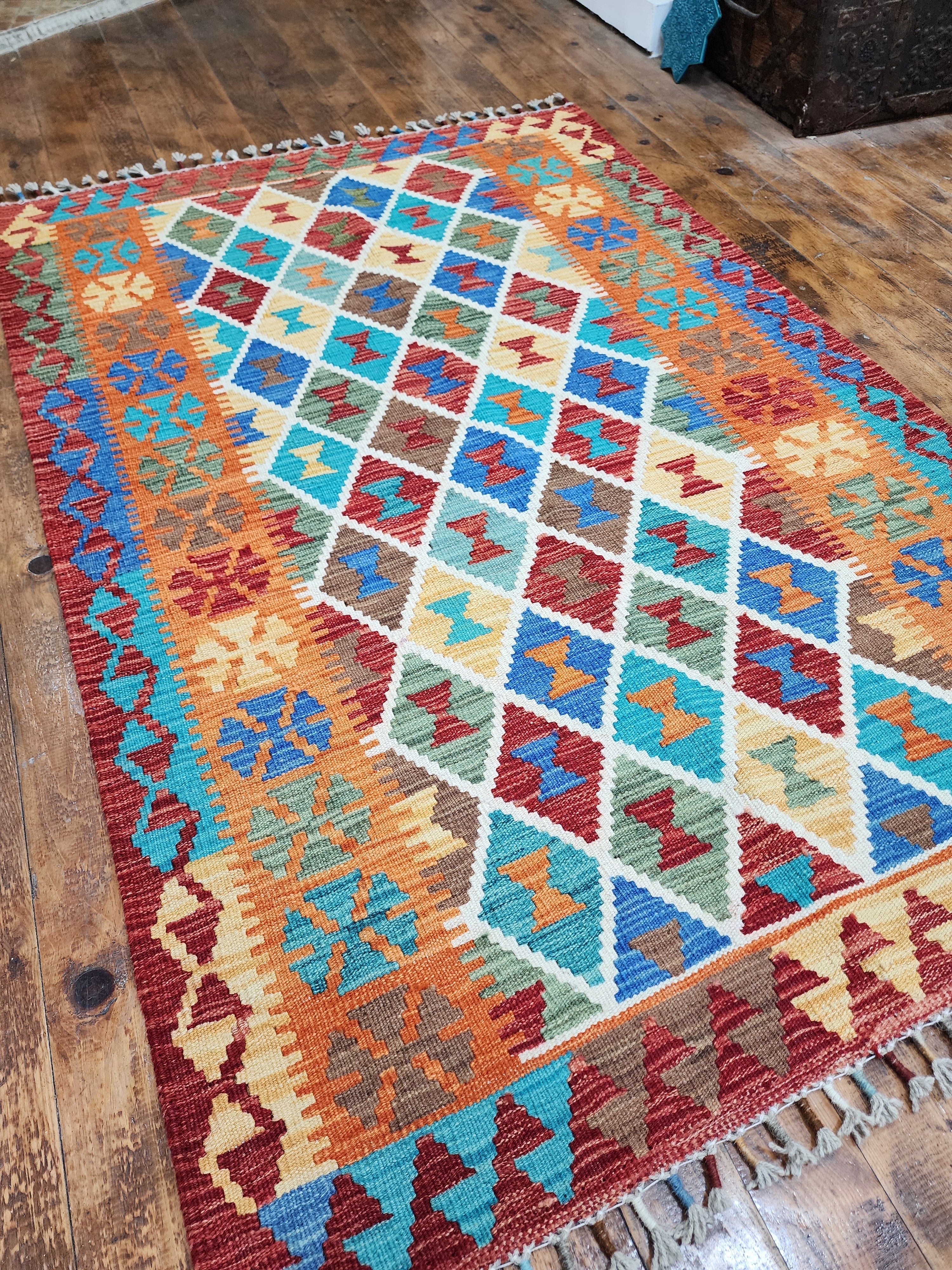 Orange and Blue Maimana Kilim, 3'5" x 5'1''