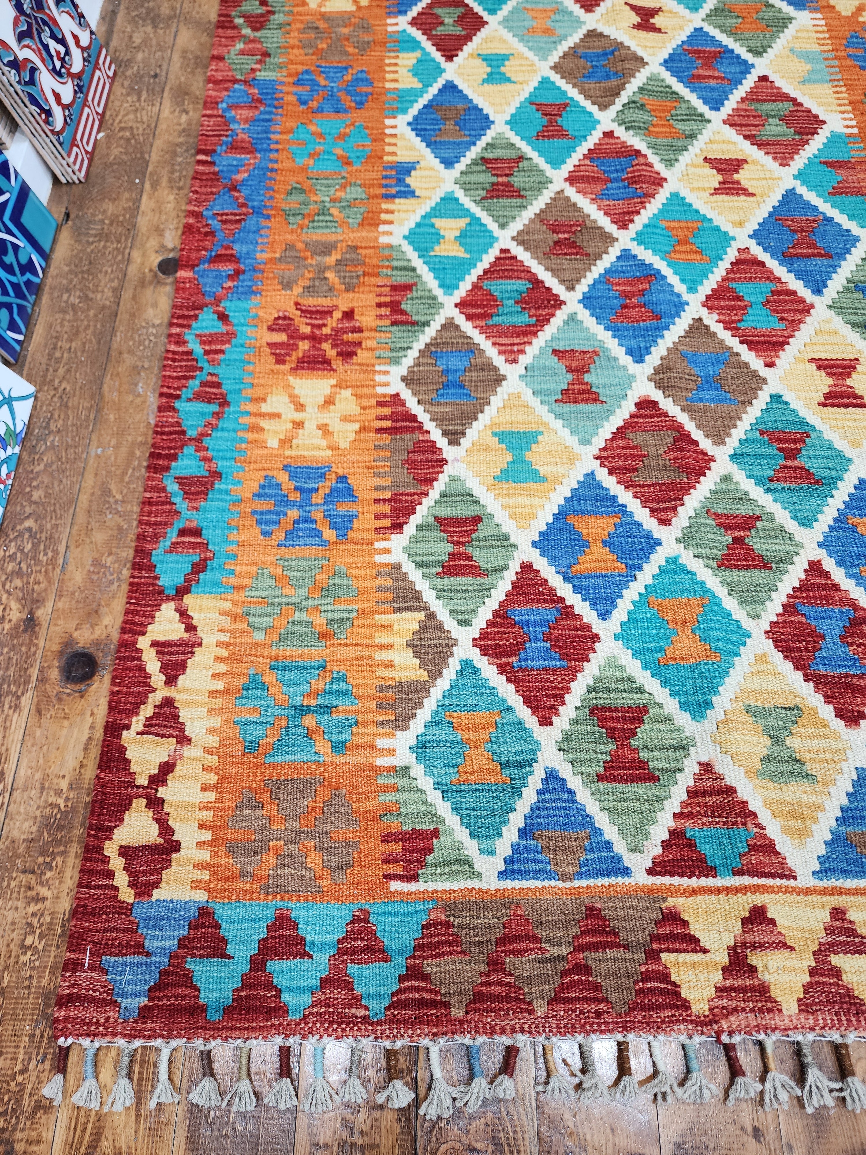 Orange and Blue Maimana Kilim, 3'5" x 5'1''
