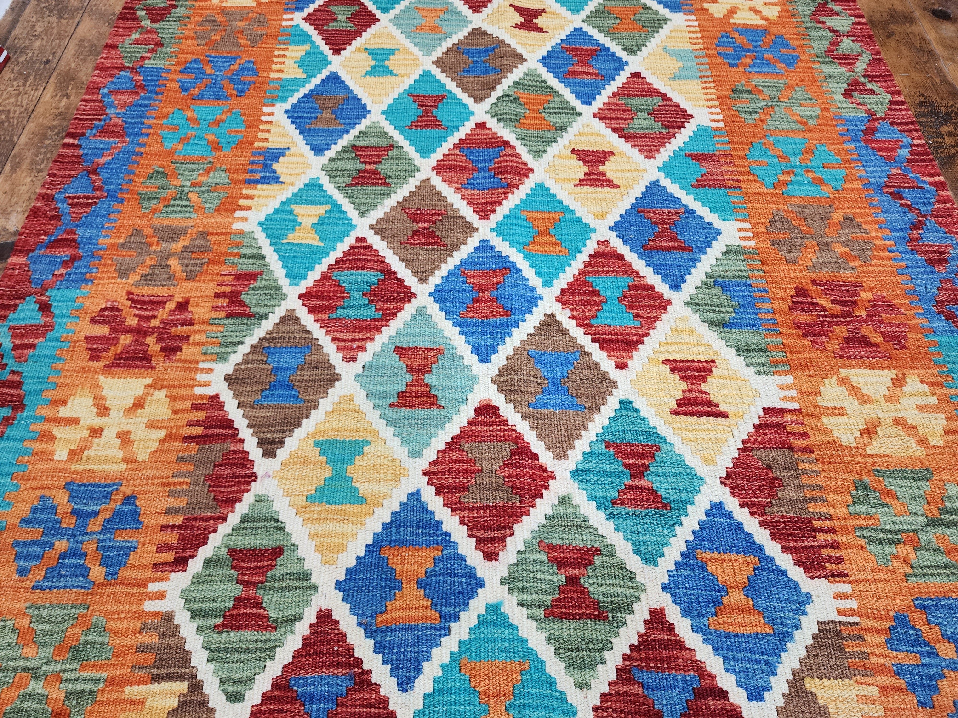 Orange and Blue Maimana Kilim, 3'5" x 5'1''