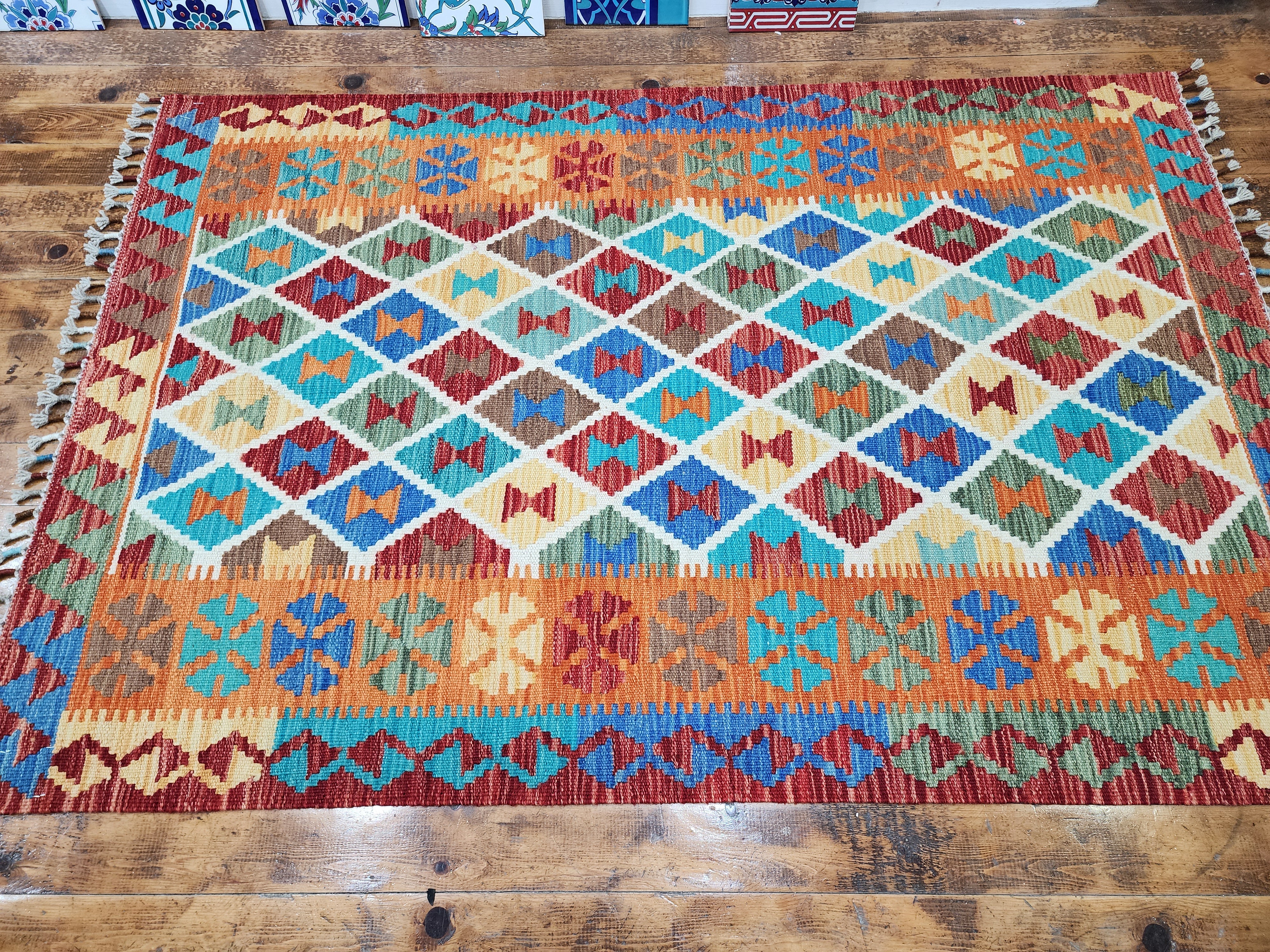Orange and Blue Maimana Kilim, 3'5" x 5'1''