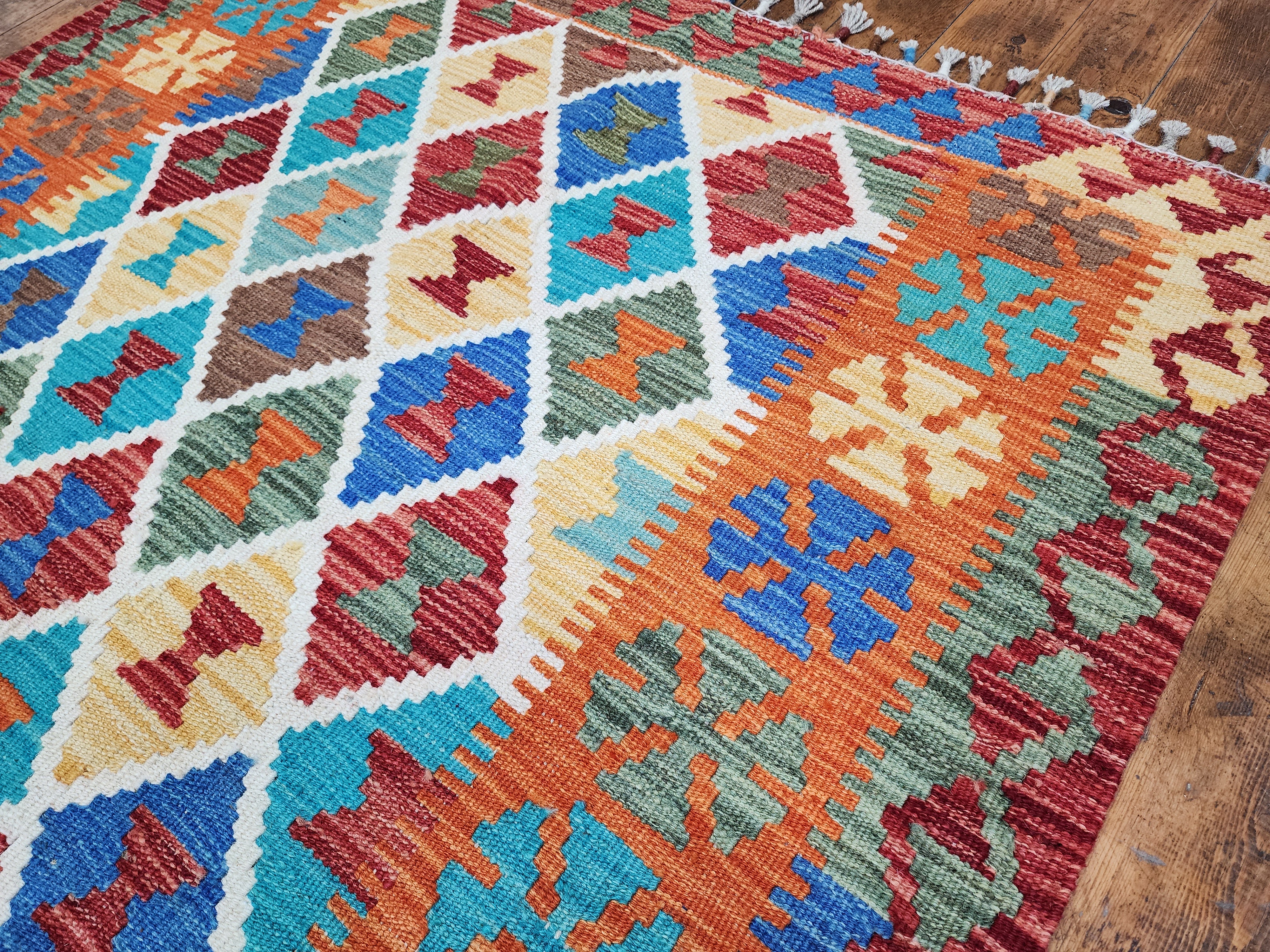 Orange and Blue Maimana Kilim, 3'5" x 5'1''