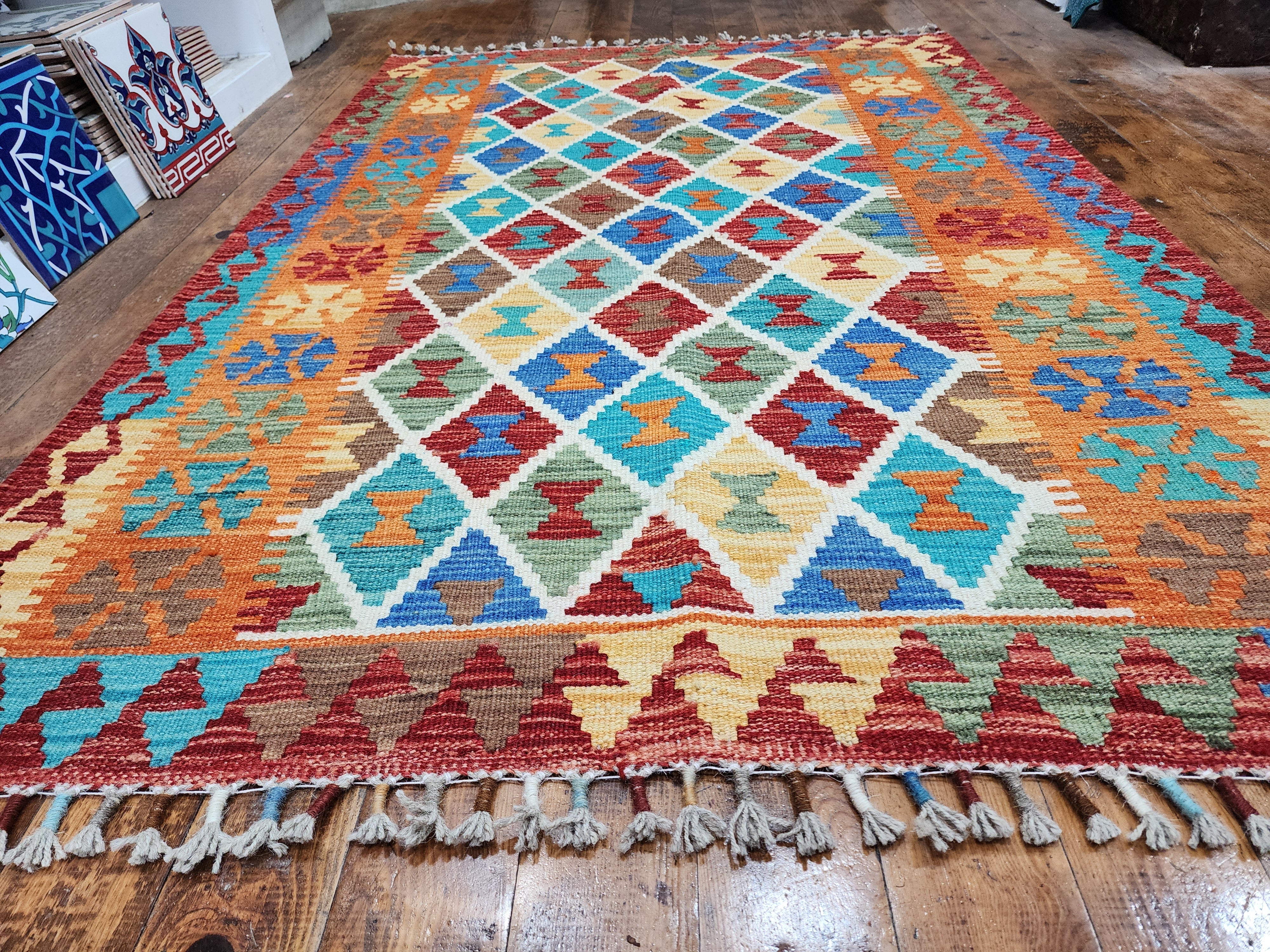 Orange and Blue Maimana Kilim, 3'5" x 5'1''