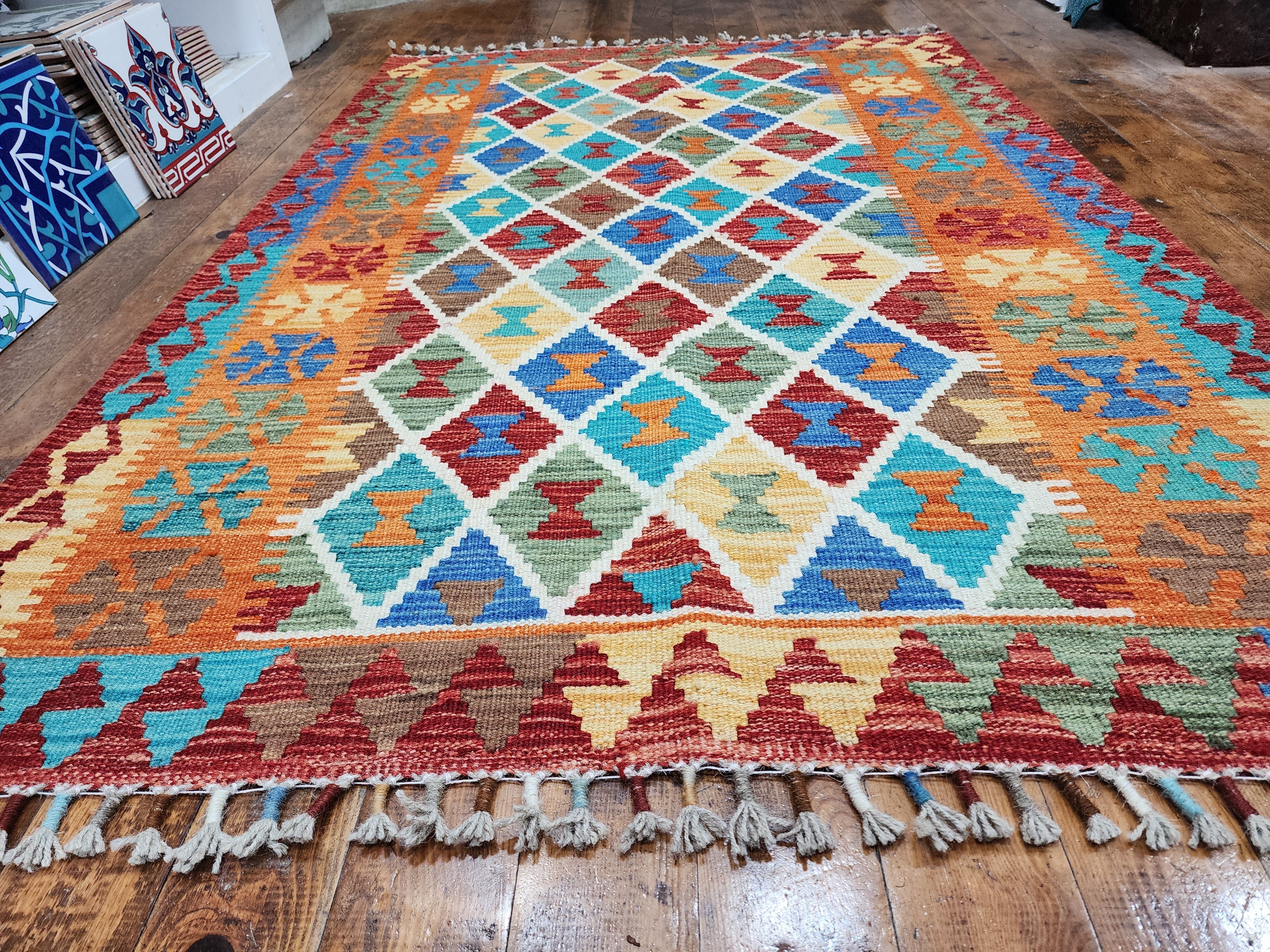 vintage Afghan Maimana Wool Small Rug — border pattern