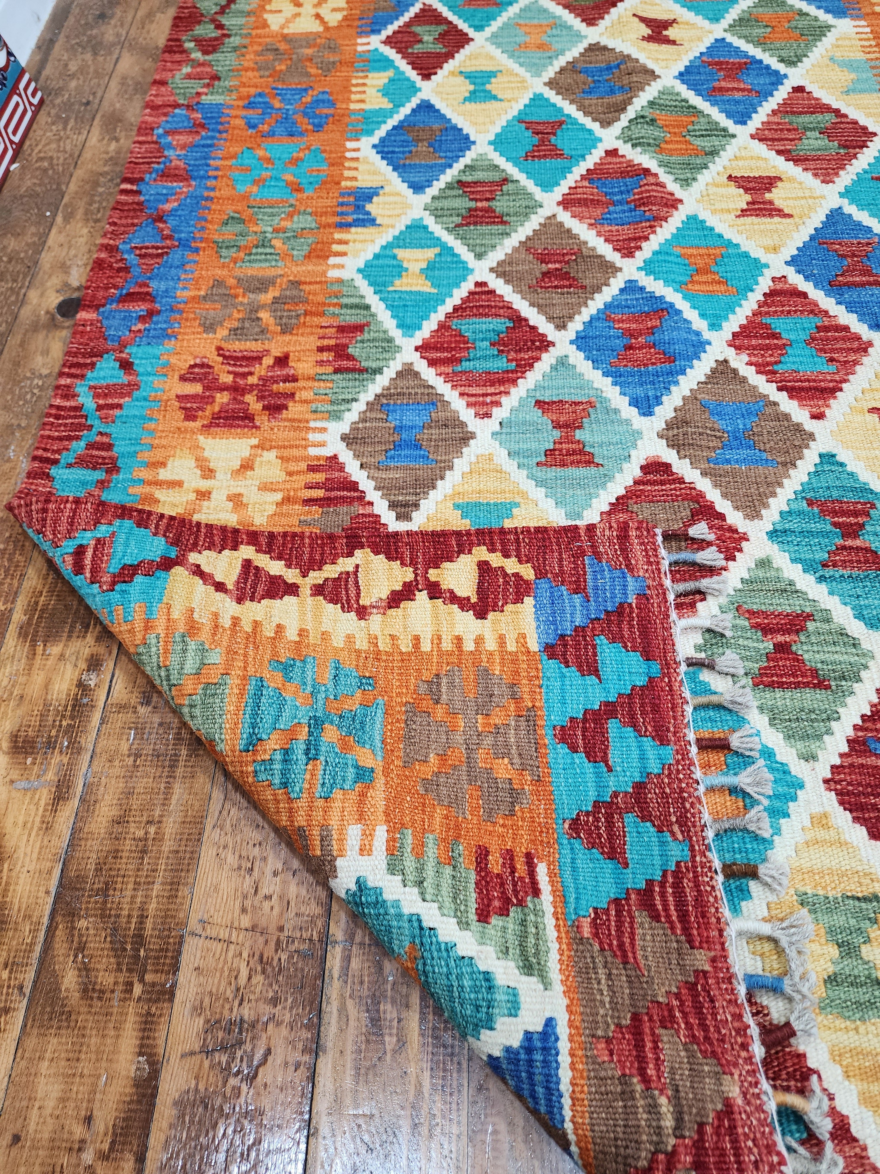 Orange and Blue Maimana Kilim, 3'5" x 5'1''