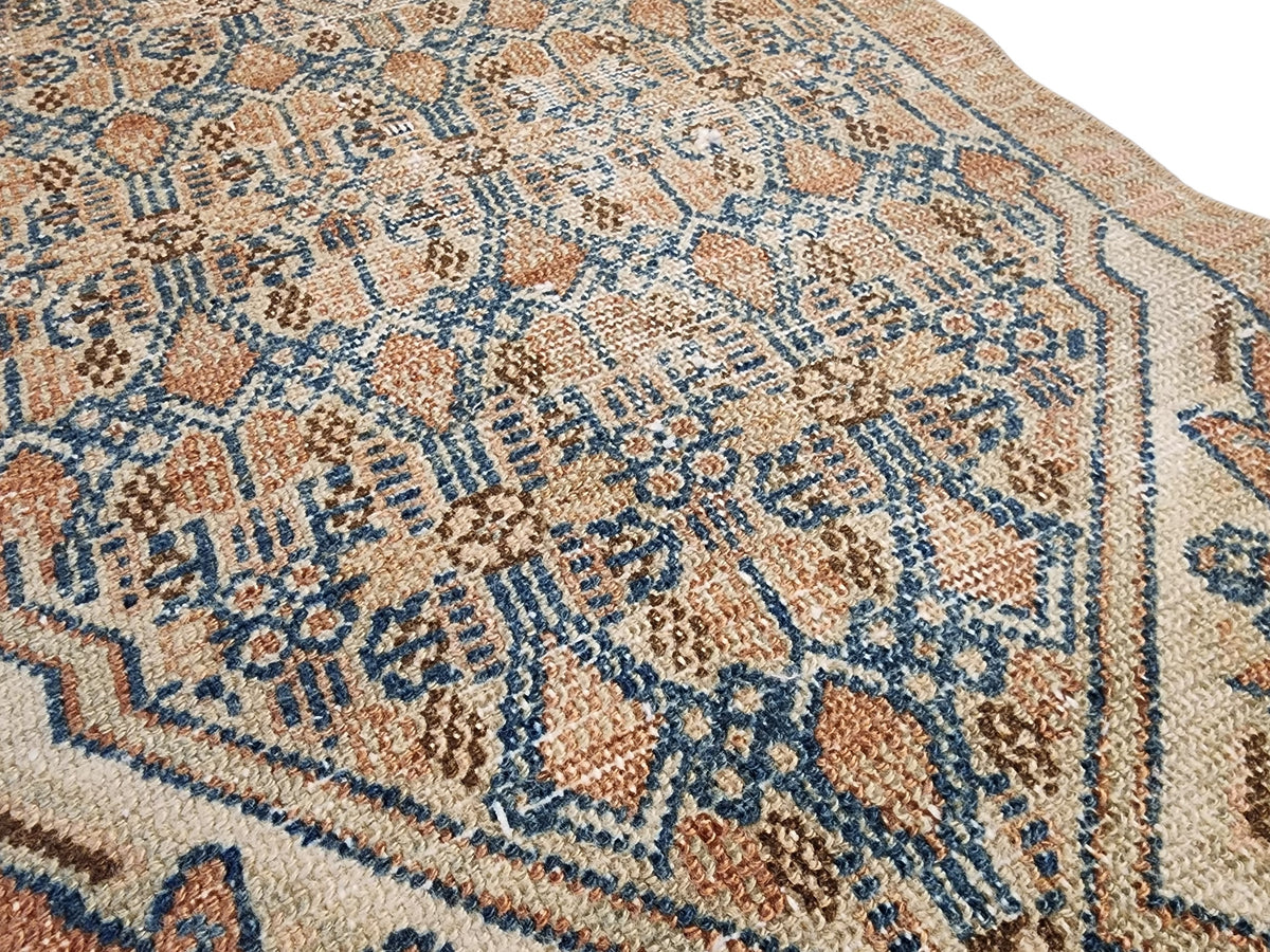 Hand-Knotted Turkish Wool Runner Rug, Distressed Geometric Medallion, Neutral Beige Blue (10'5" x 1'9")