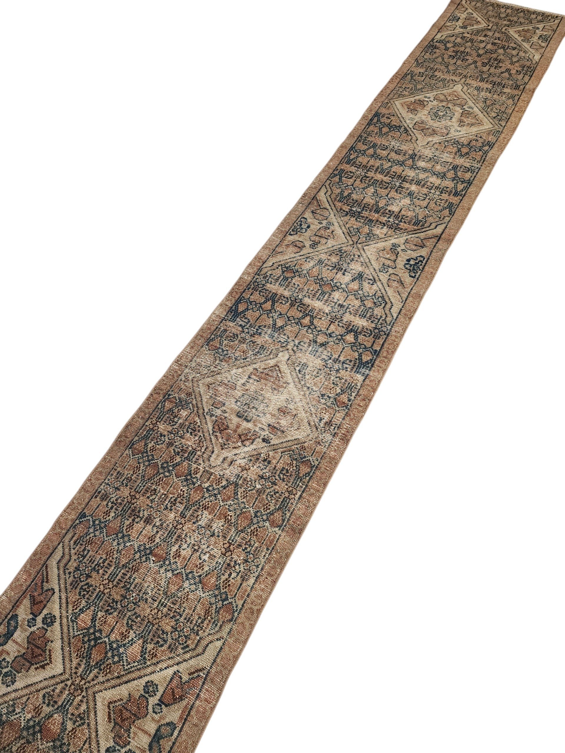 Hand-Knotted Turkish Wool Runner Rug, Distressed Geometric Medallion, Neutral Beige Blue (10'5" x 1'9")