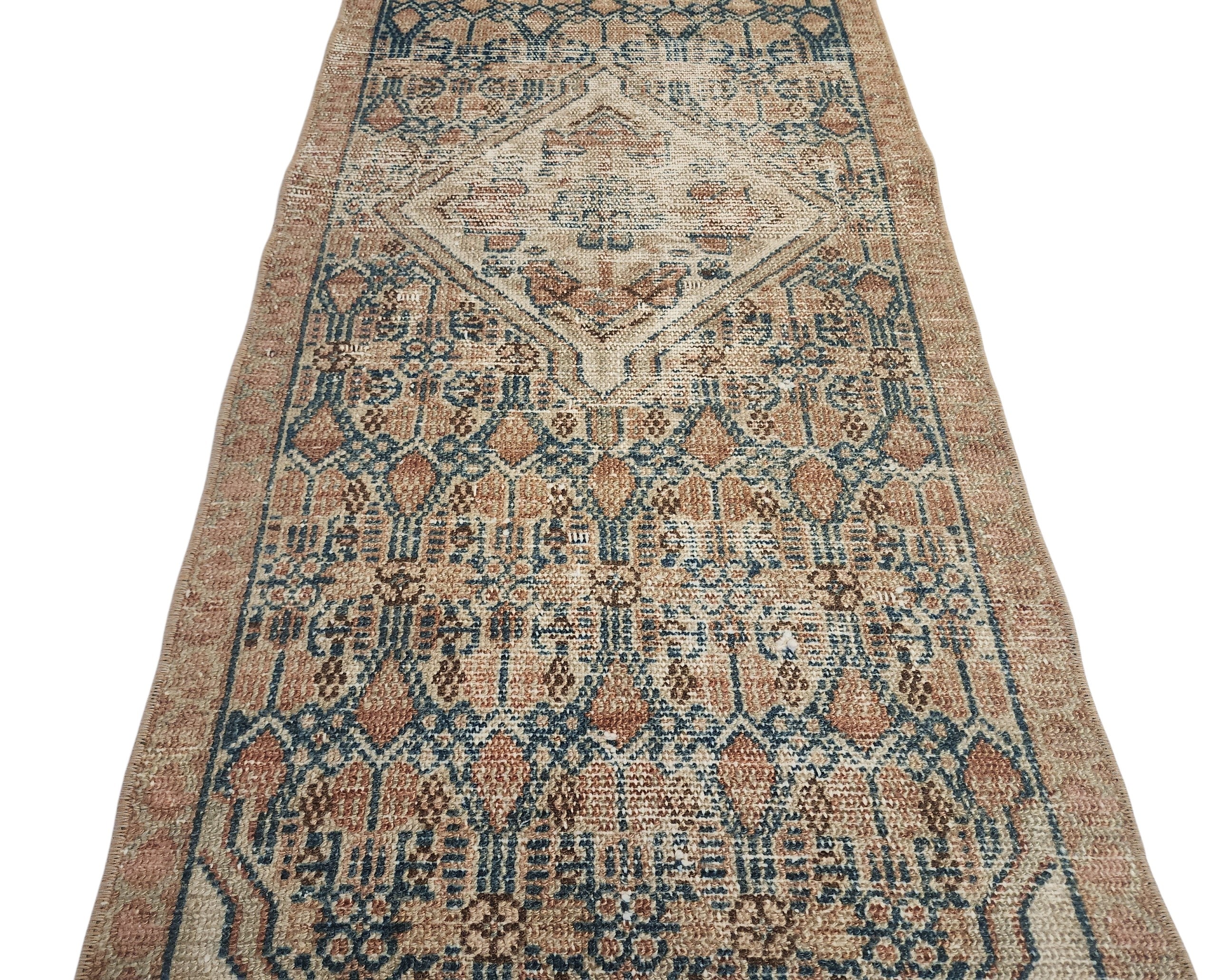Hand-Knotted Turkish Wool Runner Rug, Distressed Geometric Medallion, Neutral Beige Blue (10'5" x 1'9")