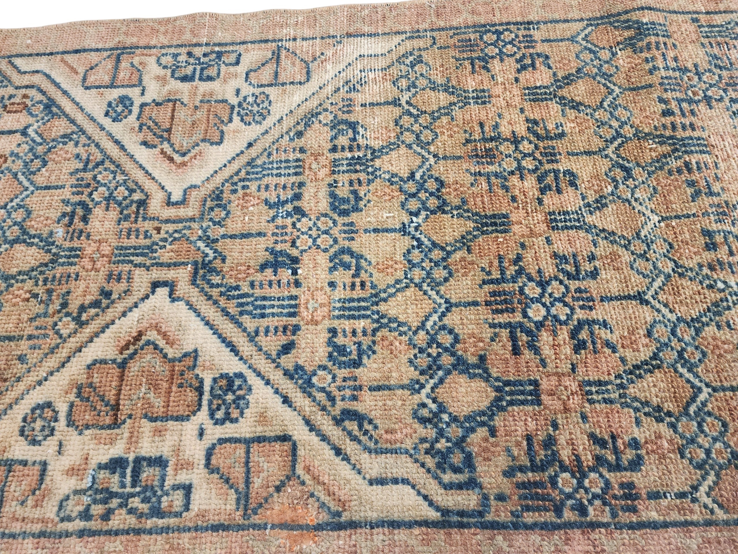 Hand-Knotted Turkish Wool Runner Rug, Distressed Geometric Medallion, Neutral Beige Blue (10'5" x 1'9")