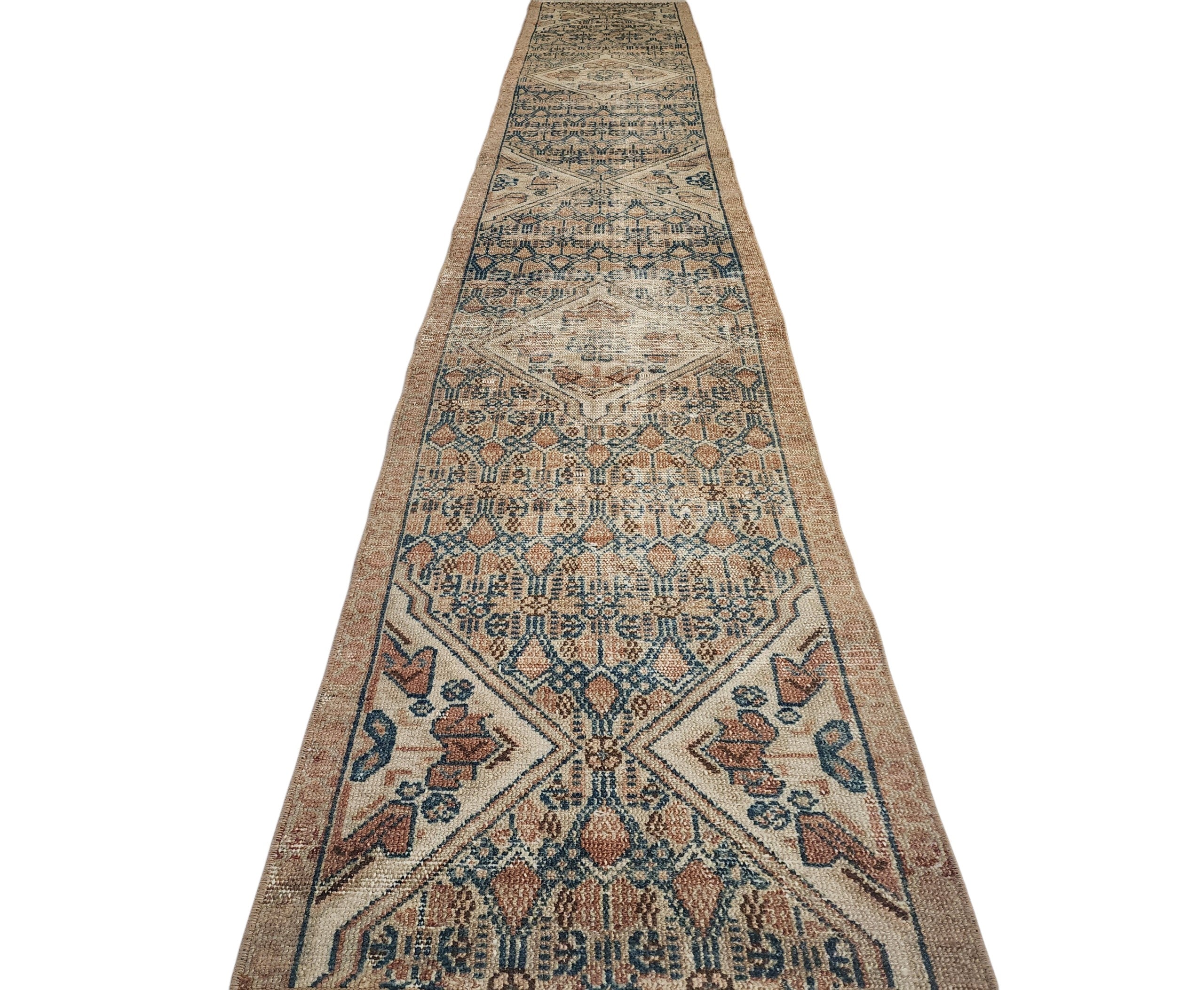 Hand-Knotted Turkish Wool Runner Rug, Distressed Geometric Medallion, Neutral Beige Blue (10'5" x 1'9")