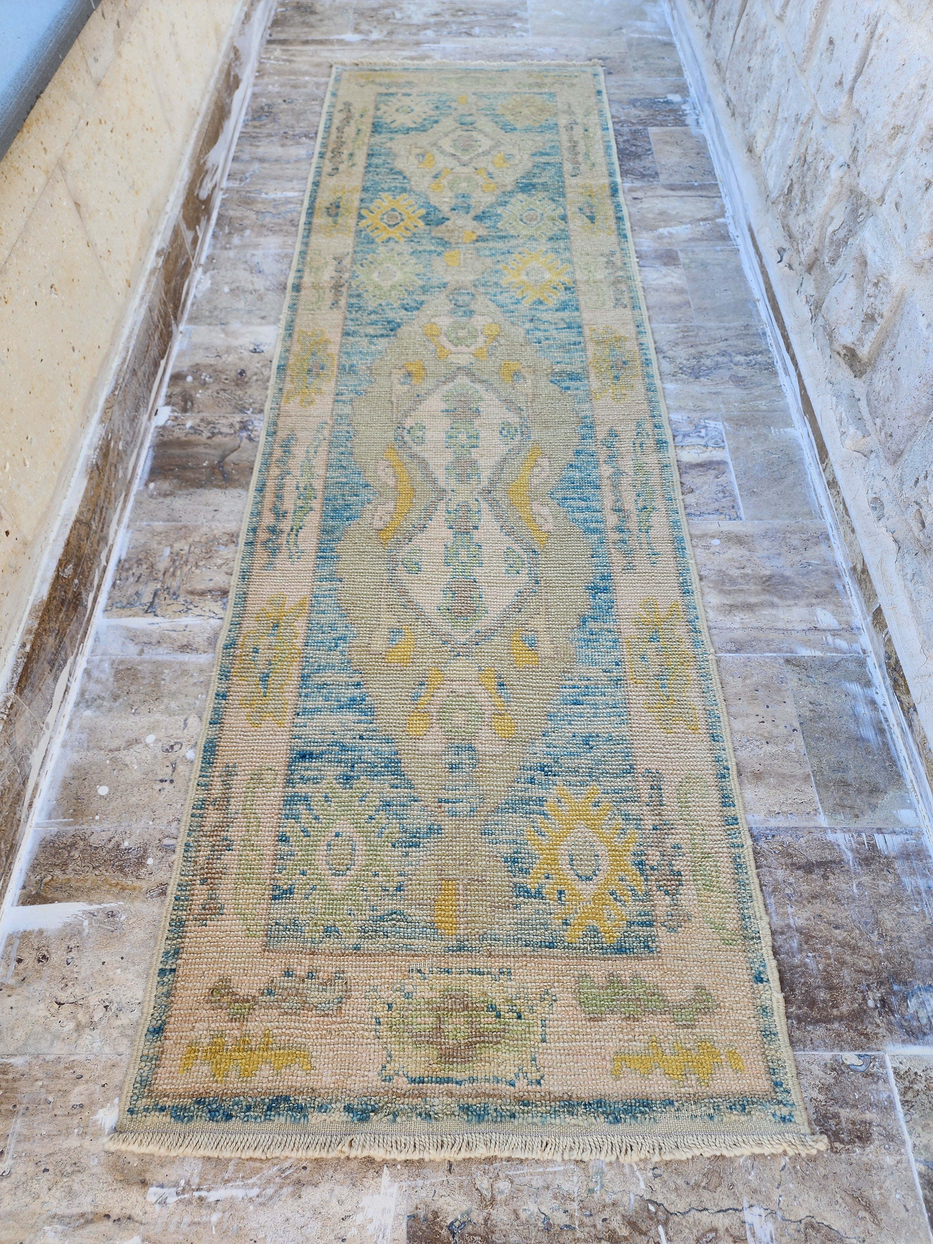 Oushak Hallway Rug 9 x 3 ft Beige and Blue Vintage Turkish Natural Wool Recycled Runner Rug, Boho Rustic Decor Antique Oriental Rug