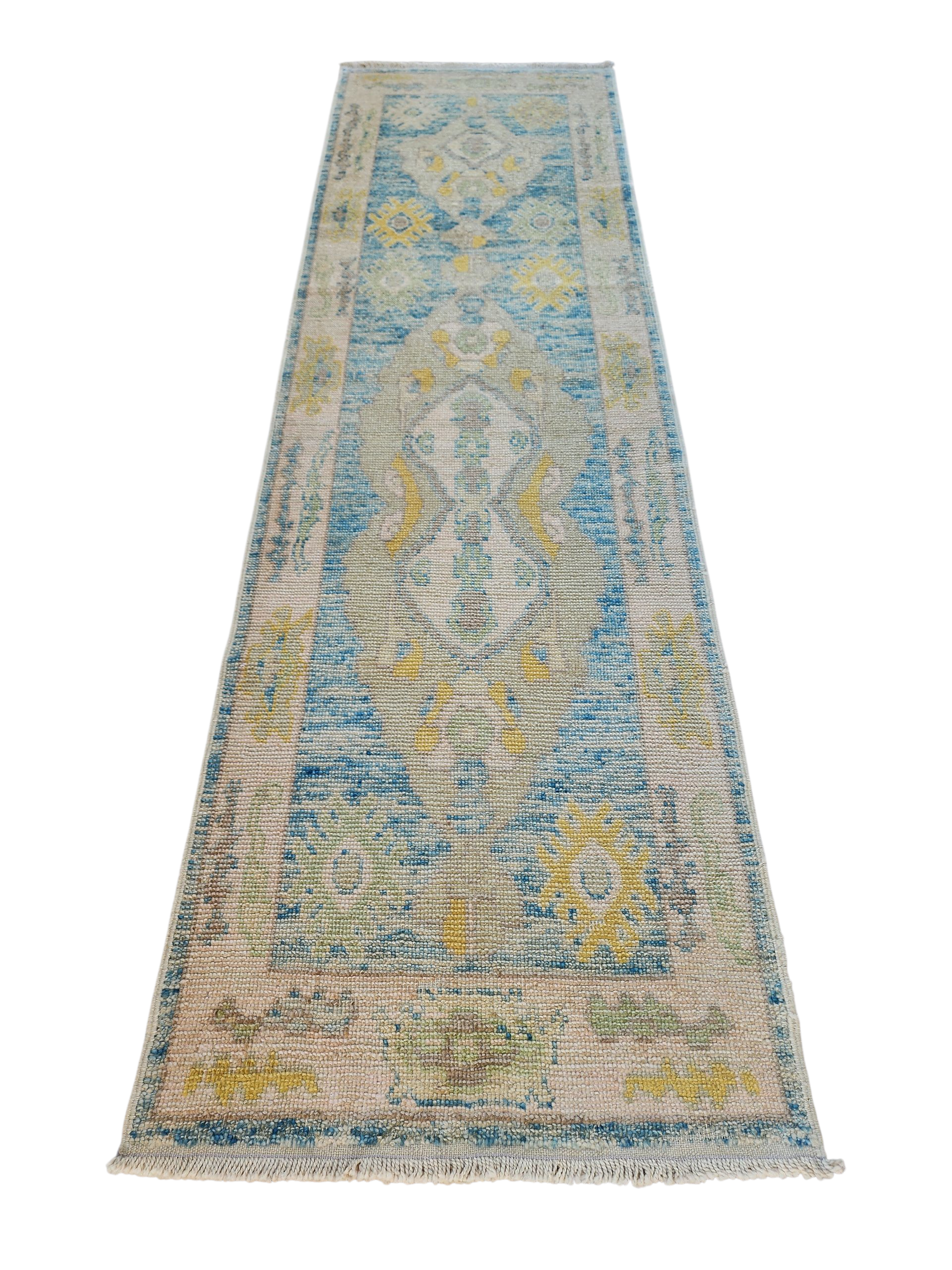 Oushak Hallway Rug 9 x 3 ft Beige and Blue Vintage Turkish Natural Wool Recycled Runner Rug, Boho Rustic Decor Antique Oriental Rug
